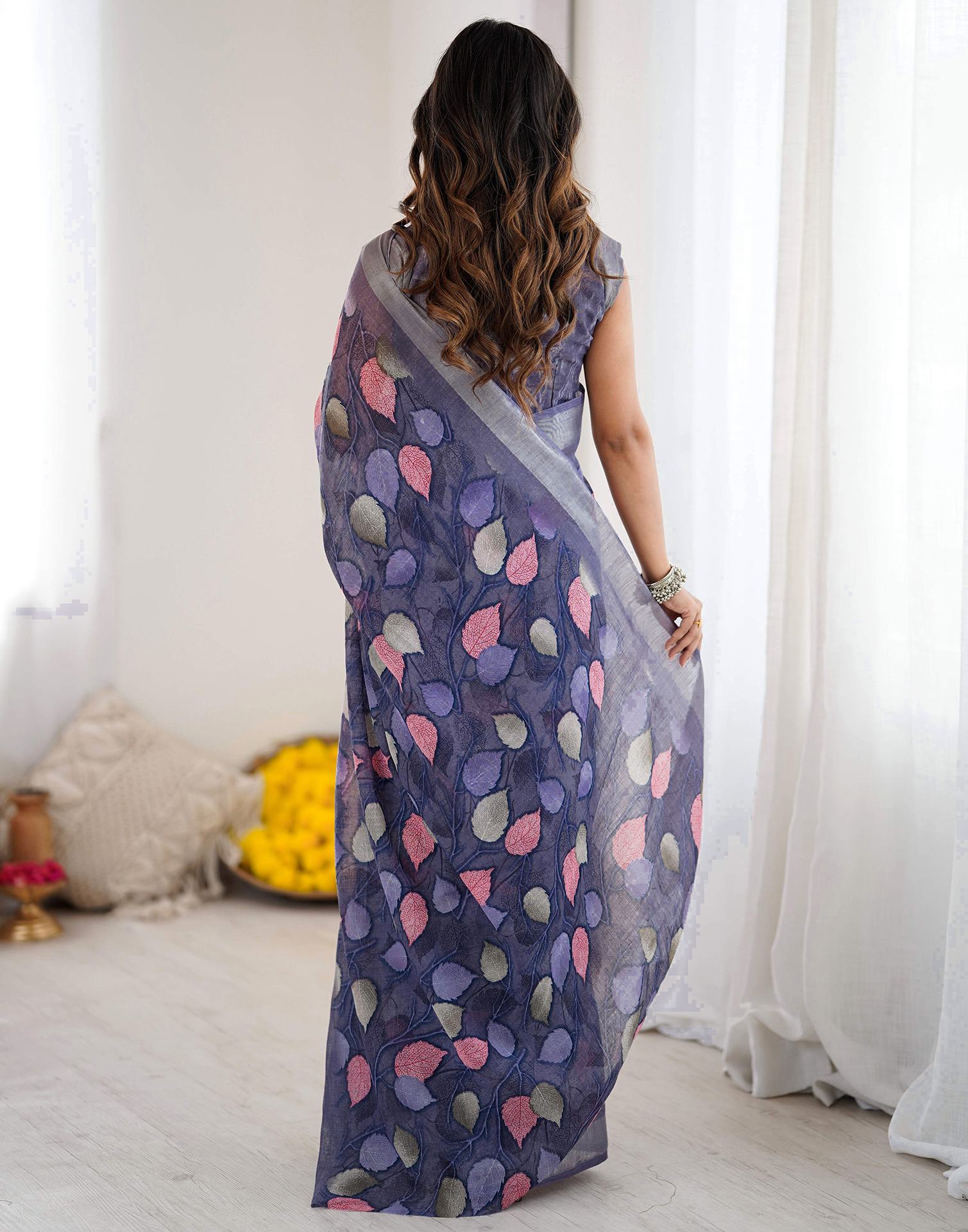 Dark Lavender Linen Printed Saree