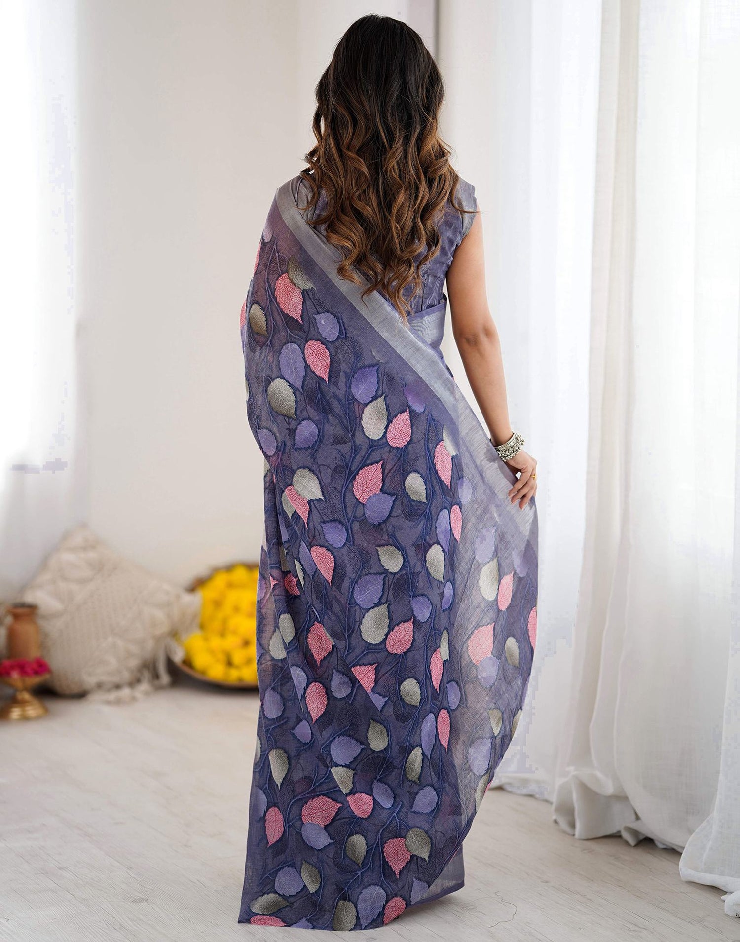 Dark Lavender Linen Printed Saree