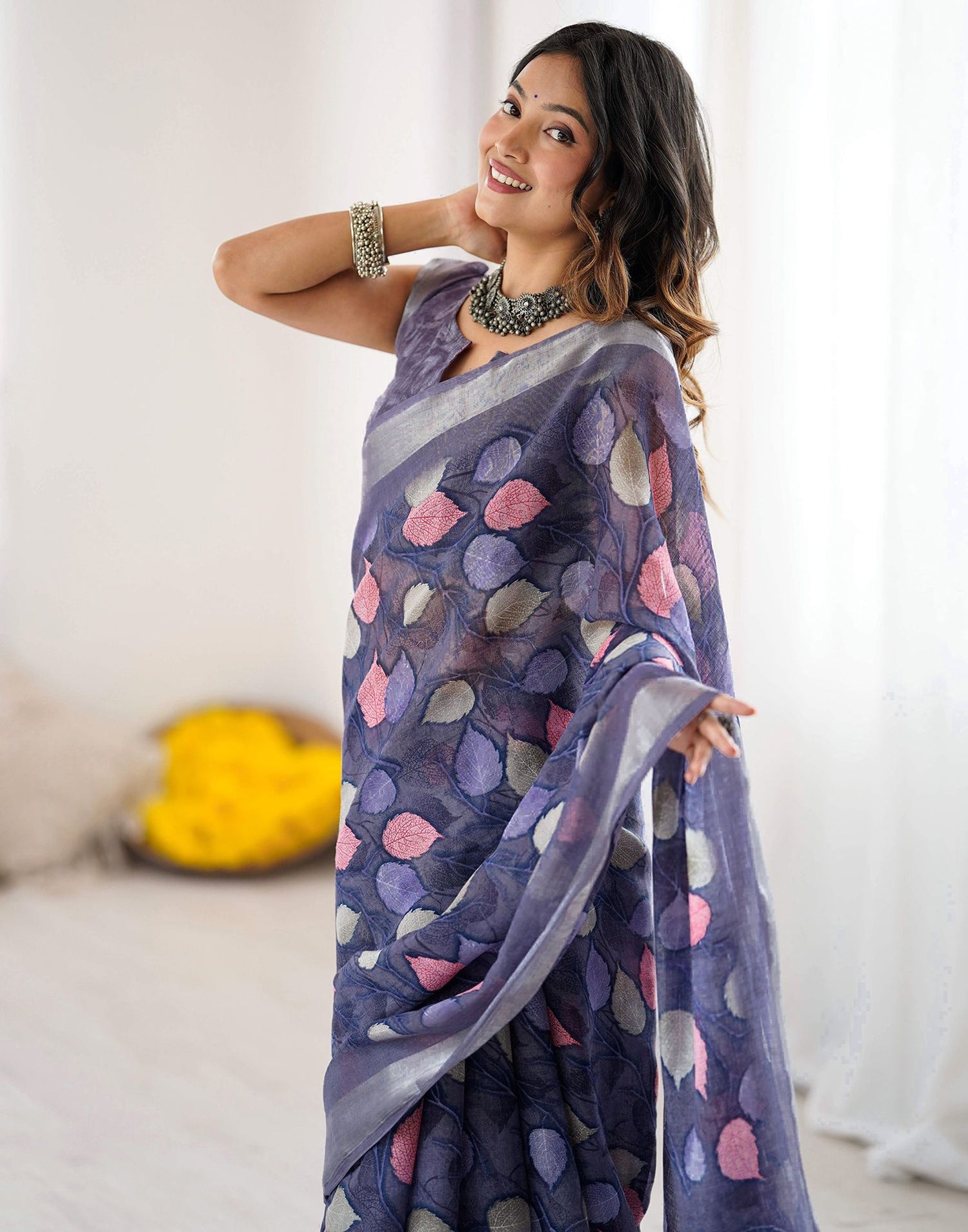 Dark Lavender Linen Printed Saree
