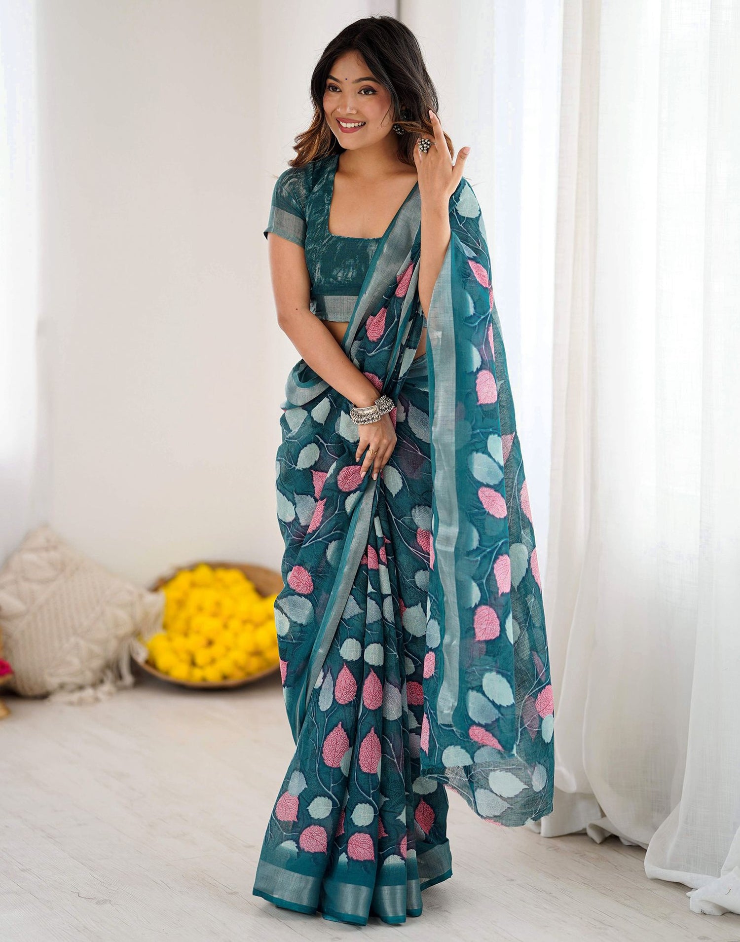 Peacock Blue Linen Printed Saree