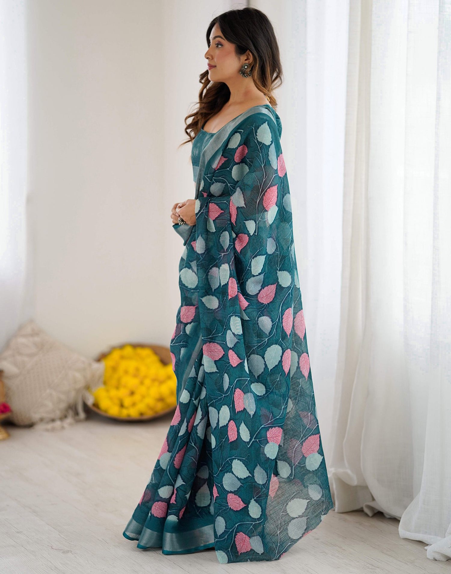 Peacock Blue Linen Printed Saree