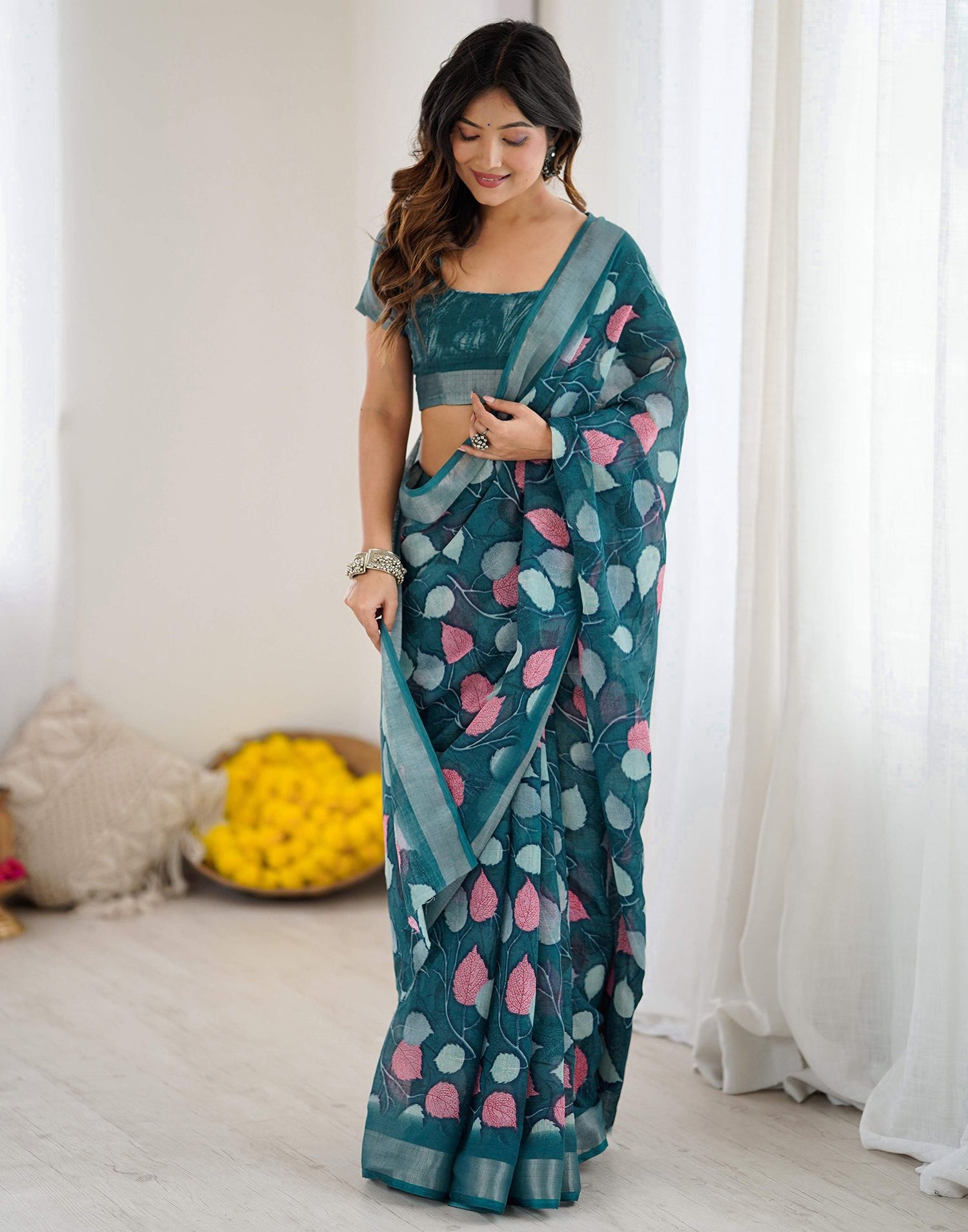 Peacock Blue Linen Printed Saree