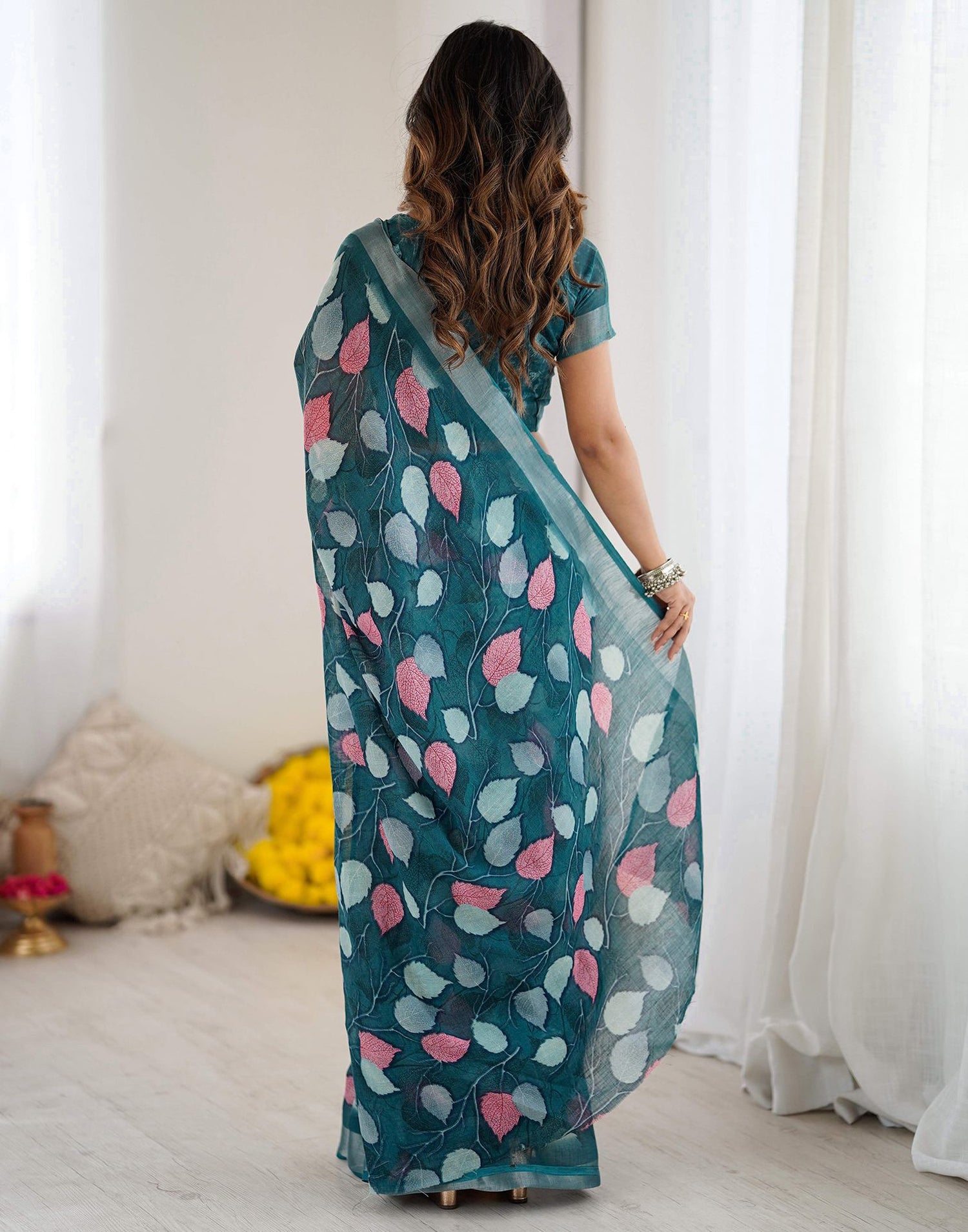 Peacock Blue Linen Printed Saree