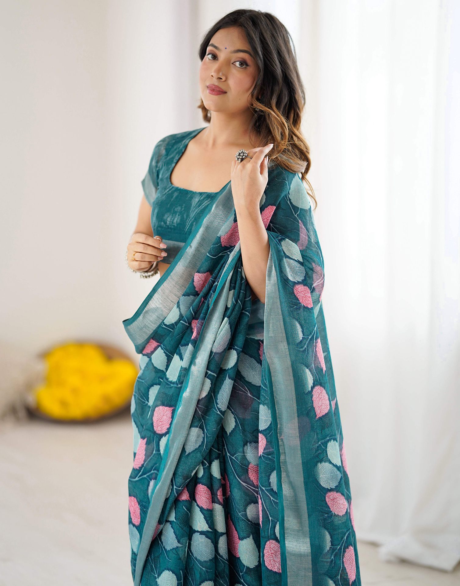 Peacock Blue Linen Printed Saree