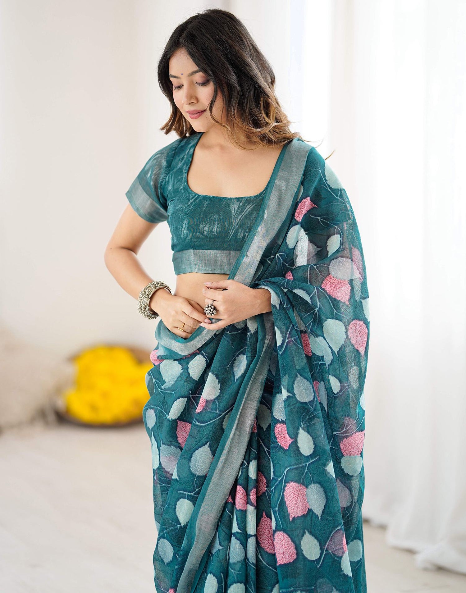 Peacock Blue Linen Printed Saree