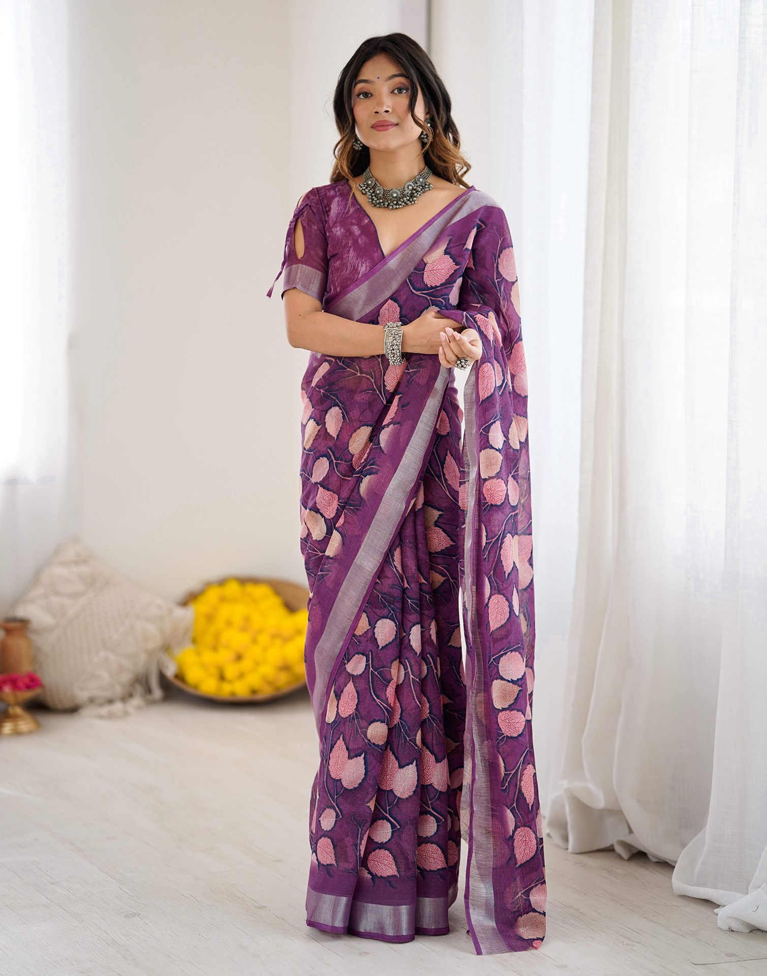 Dark Purple Linen Printed Saree