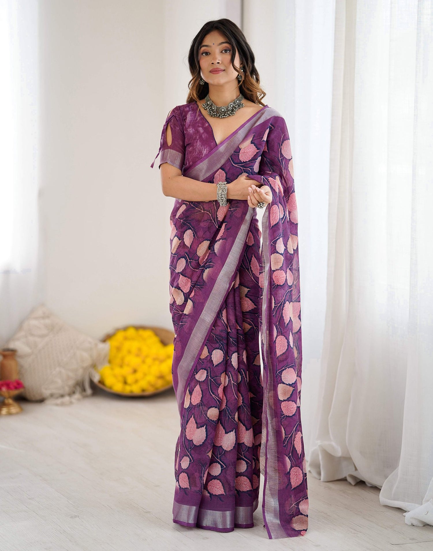 Dark Purple Linen Printed Saree