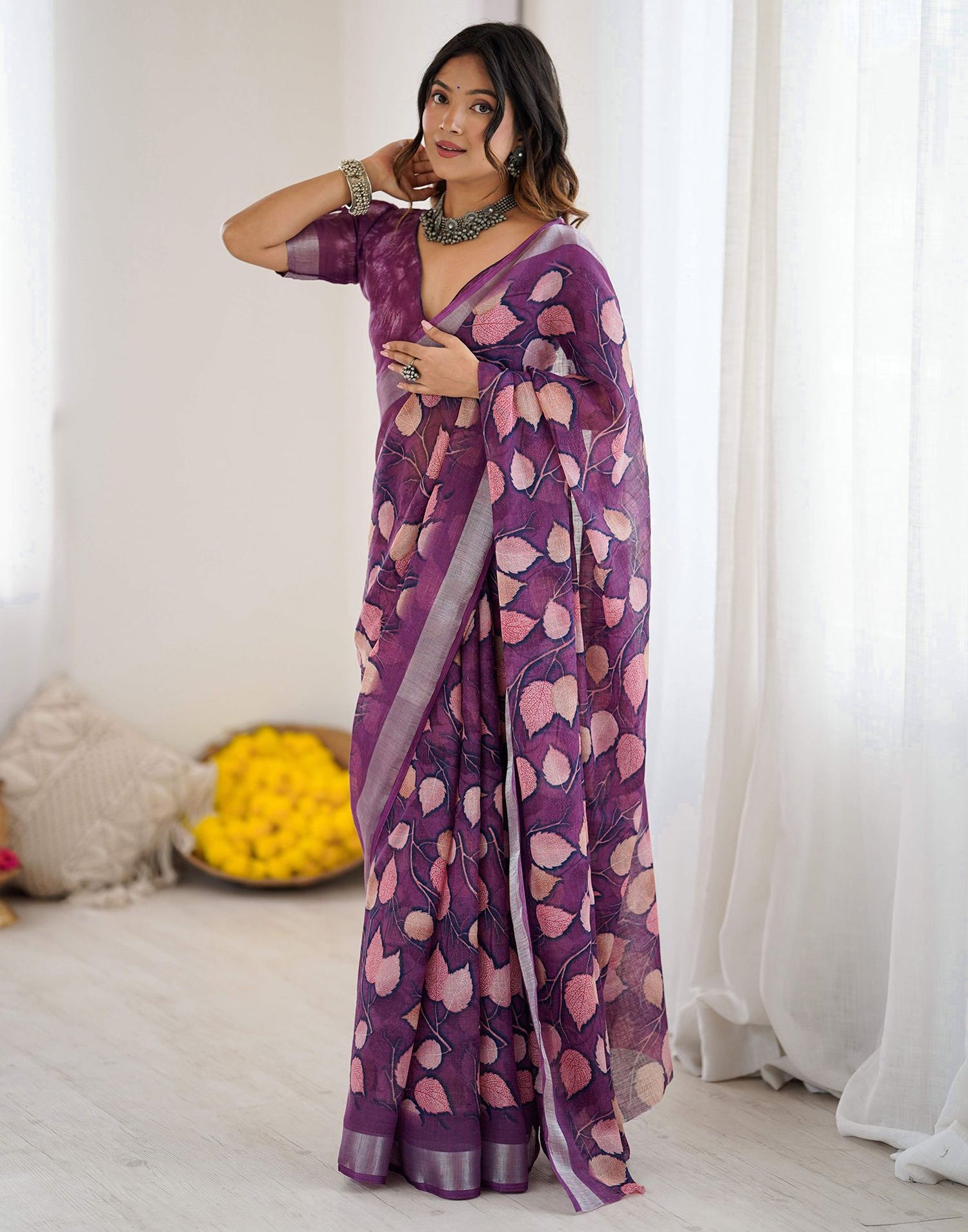 Dark Purple Linen Printed Saree