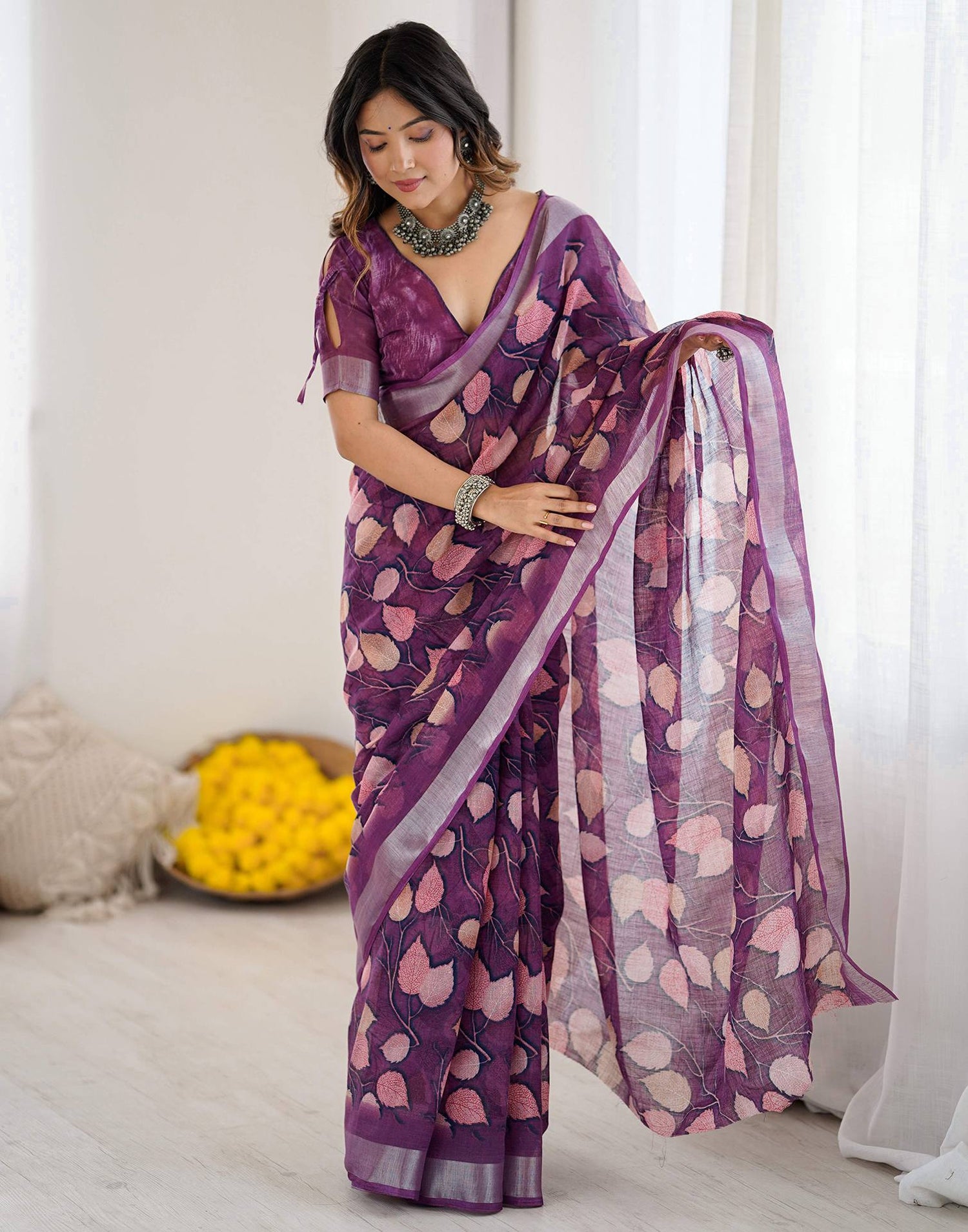 Dark Purple Linen Printed Saree
