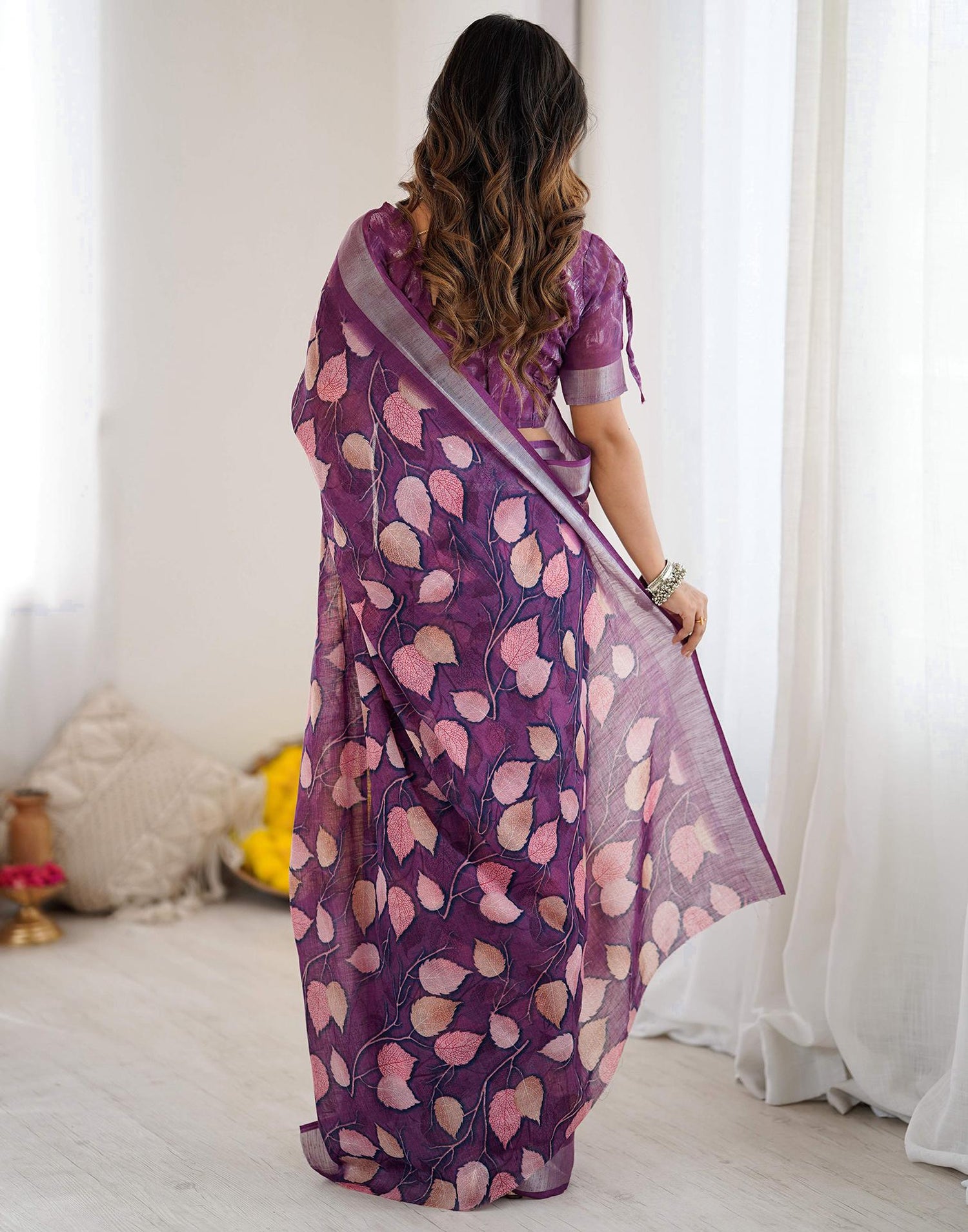 Dark Purple Linen Printed Saree