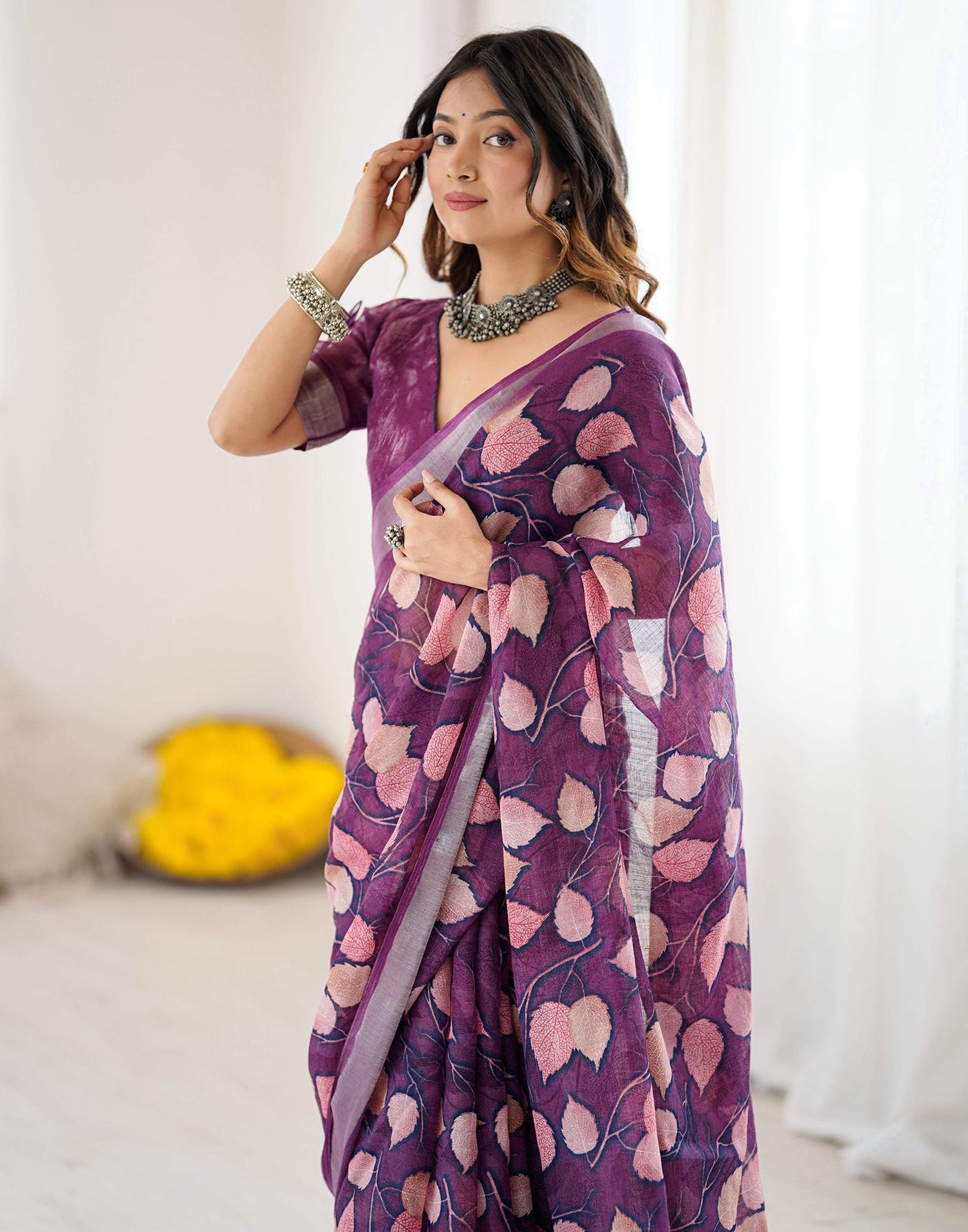 Dark Purple Linen Printed Saree