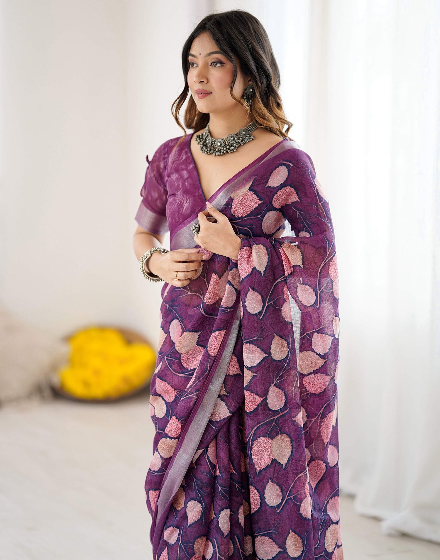 Dark Purple Linen Printed Saree