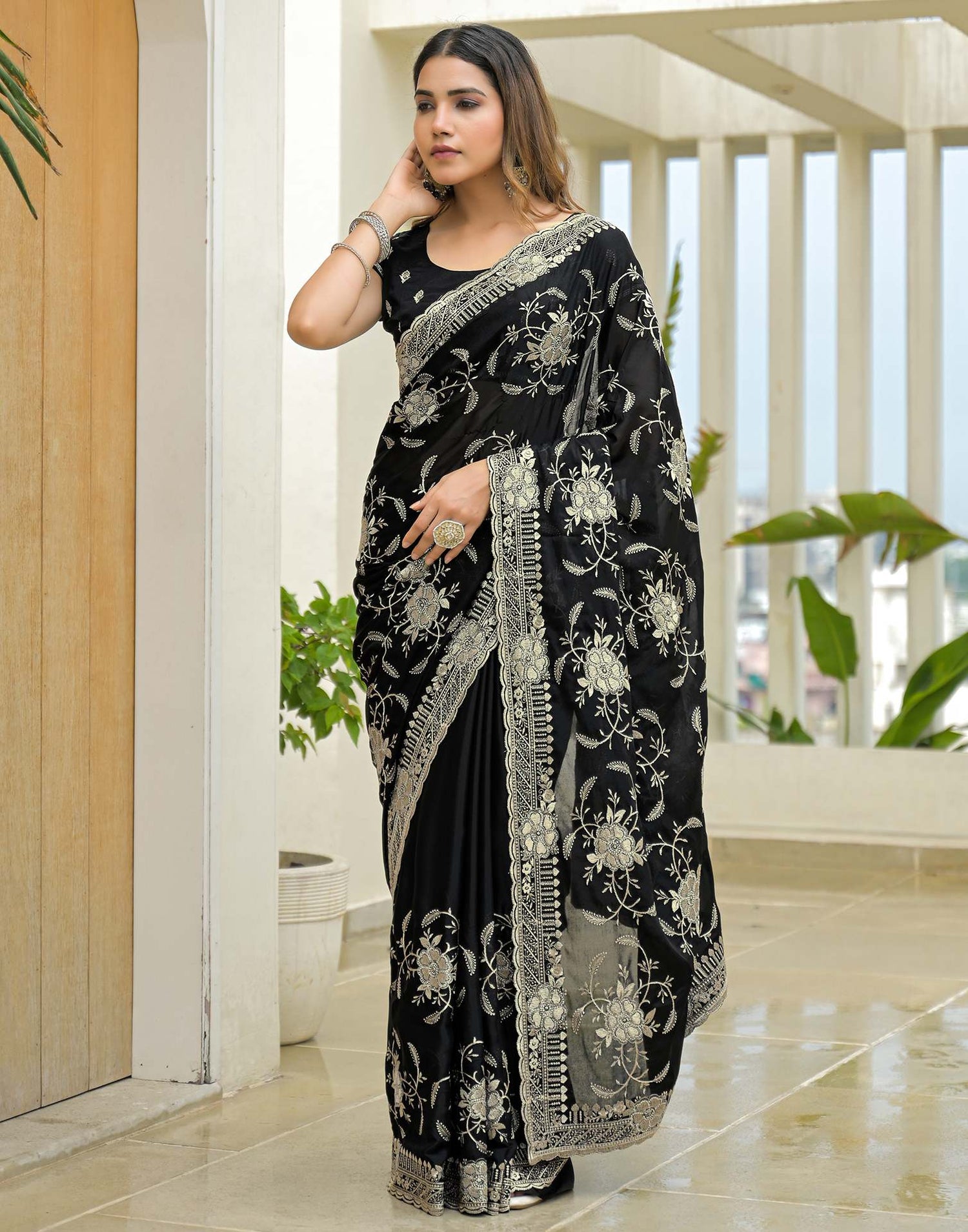 Black Georgette Embroidery Saree