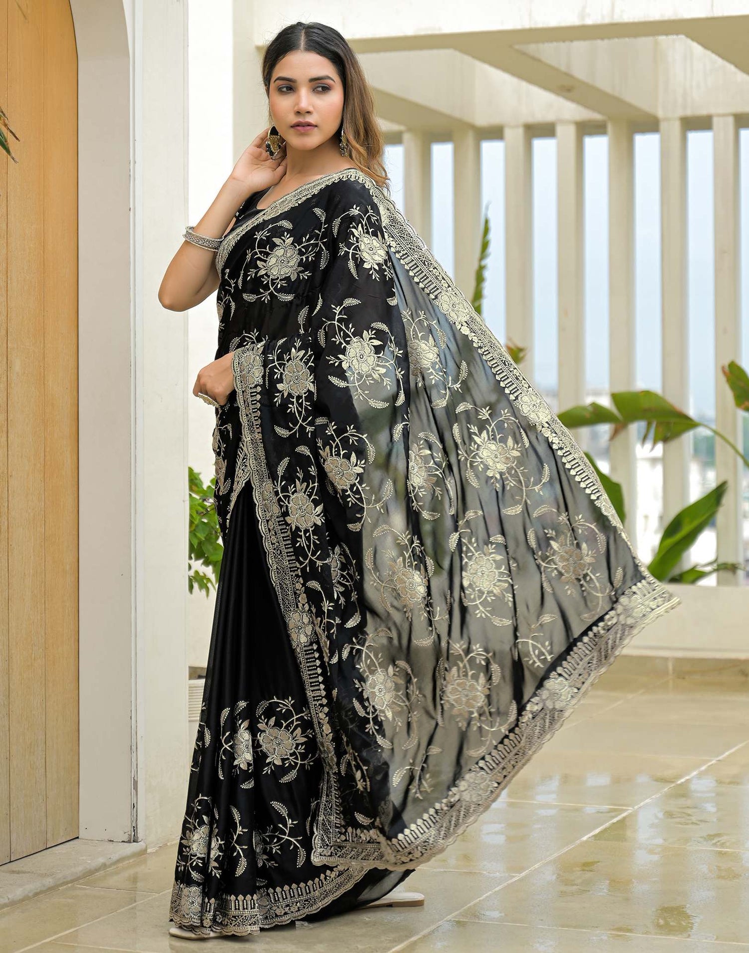 Black Georgette Embroidery Saree