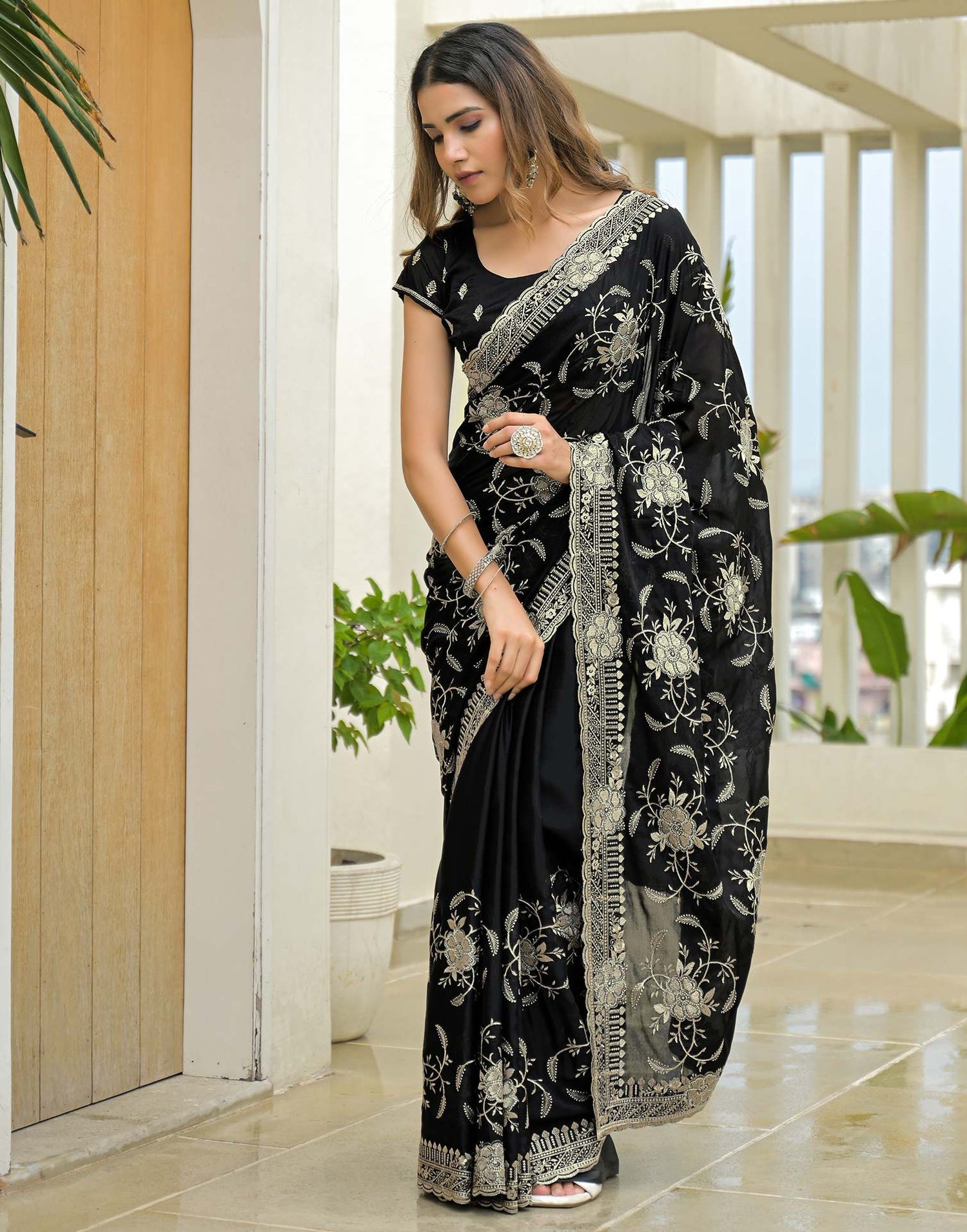 Black Georgette Embroidery Saree