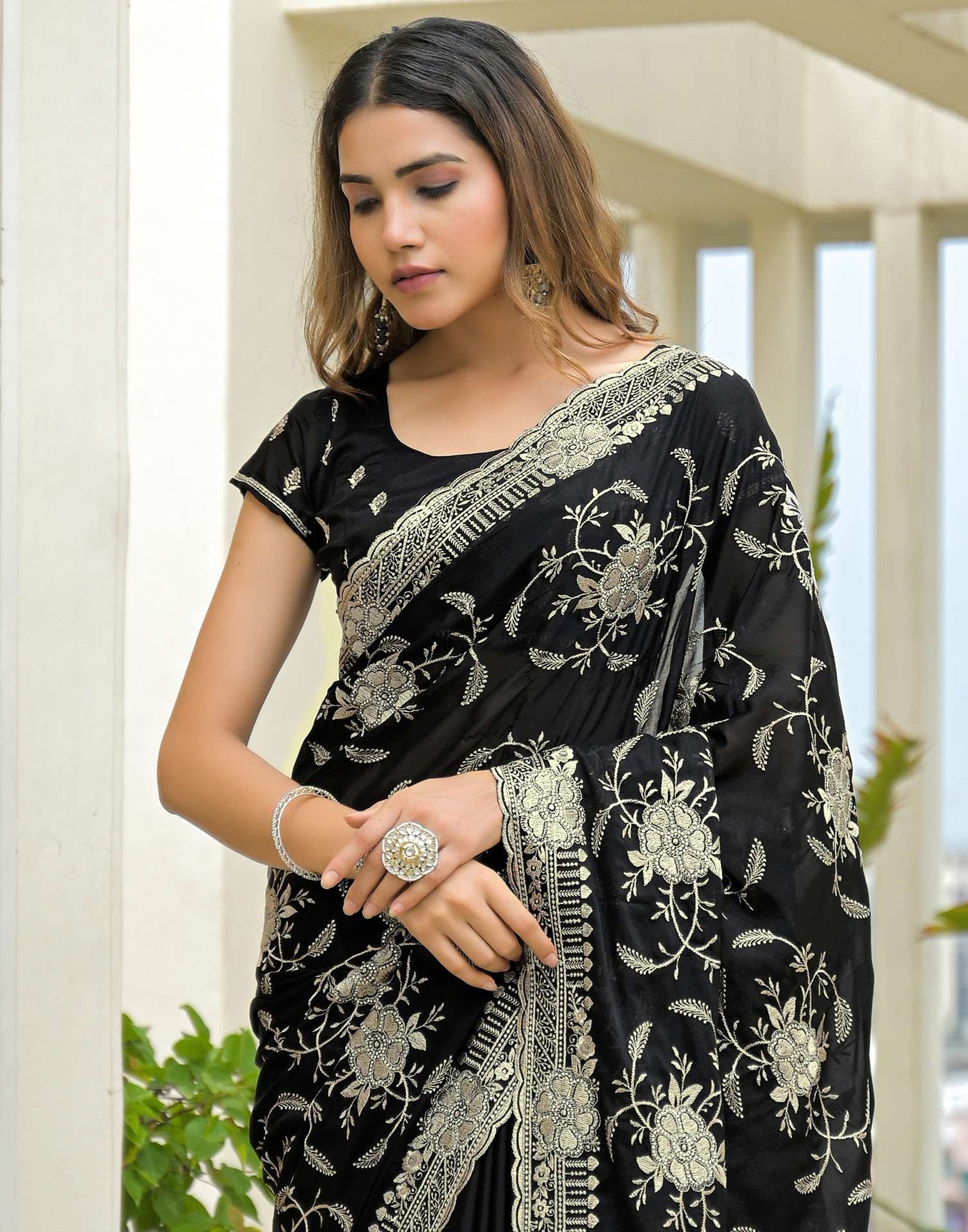 Black Georgette Embroidery Saree