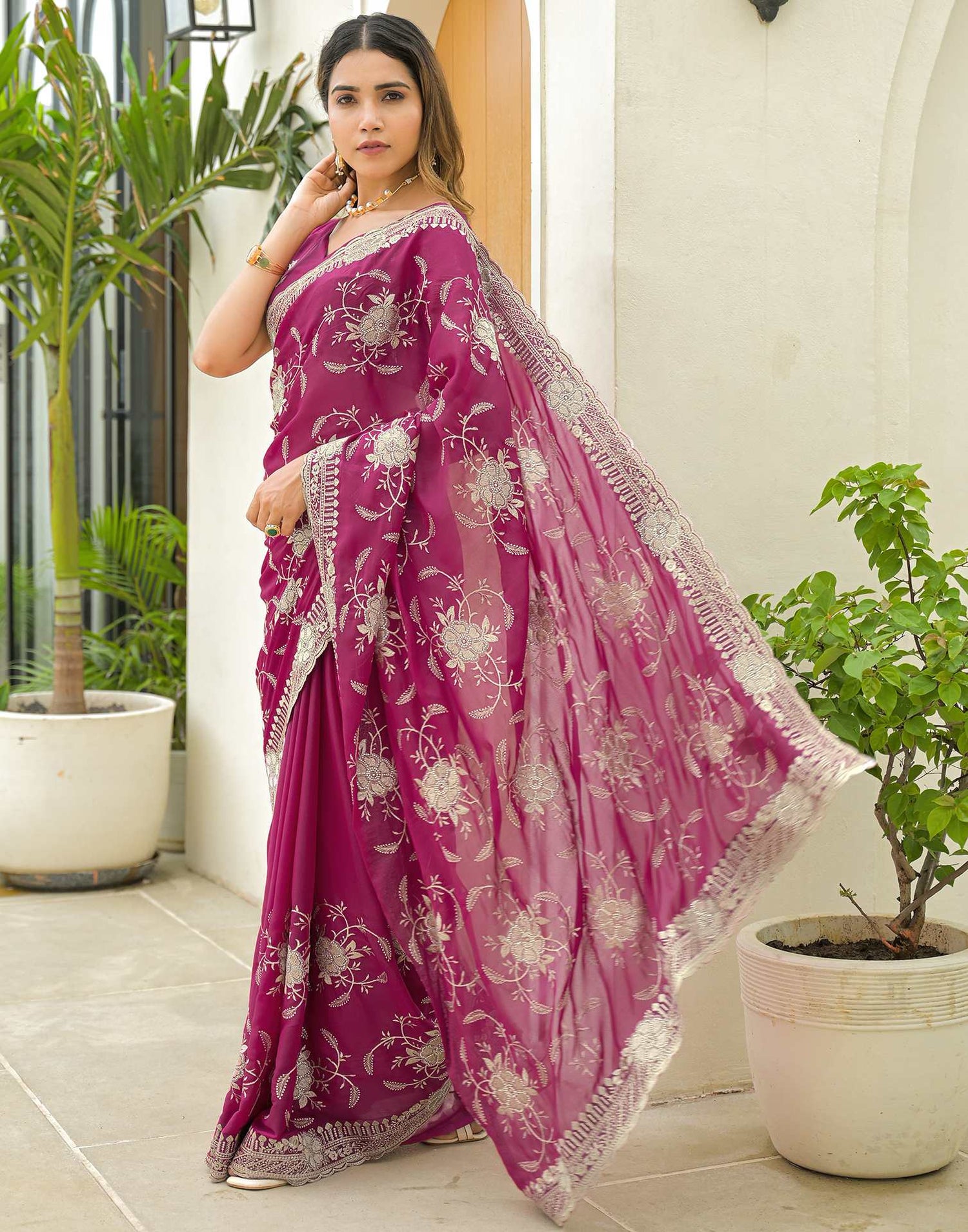 Rani Pink Georgette Embroidery Saree
