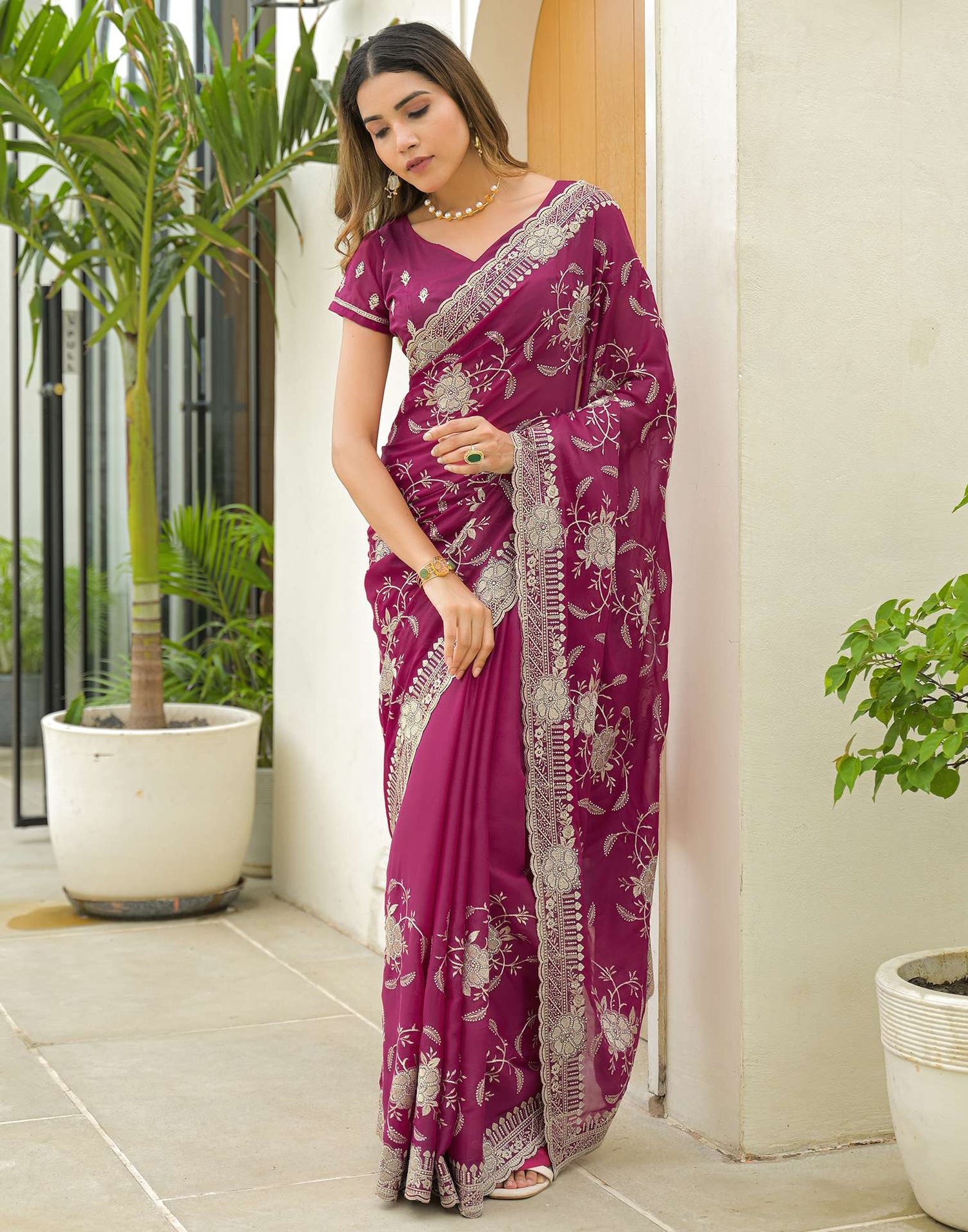 Rani Pink Georgette Embroidery Saree