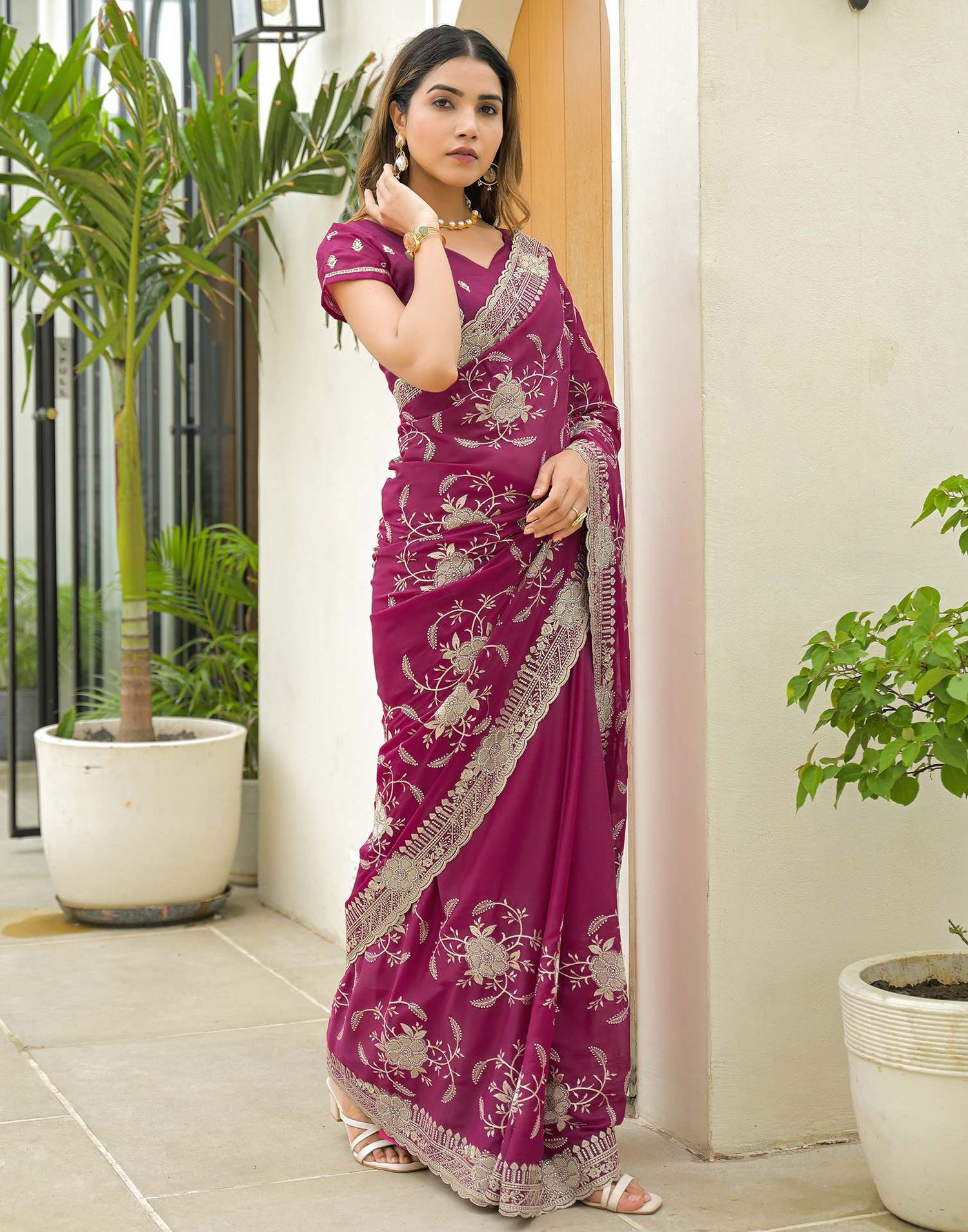 Rani Pink Georgette Embroidery Saree