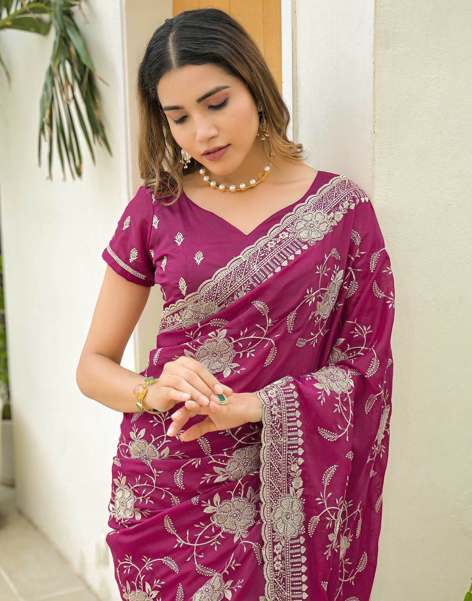 Rani Pink Georgette Embroidery Saree