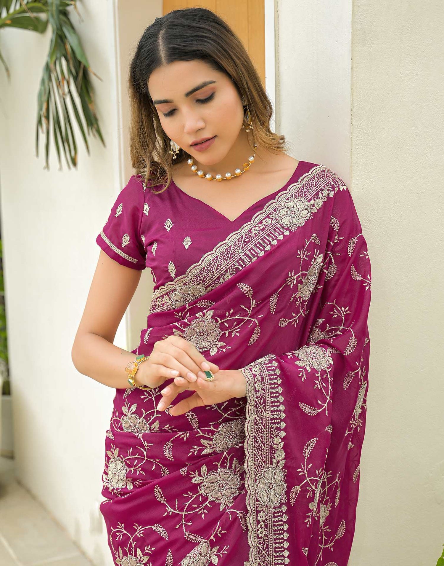 Rani Pink Georgette Embroidery Saree