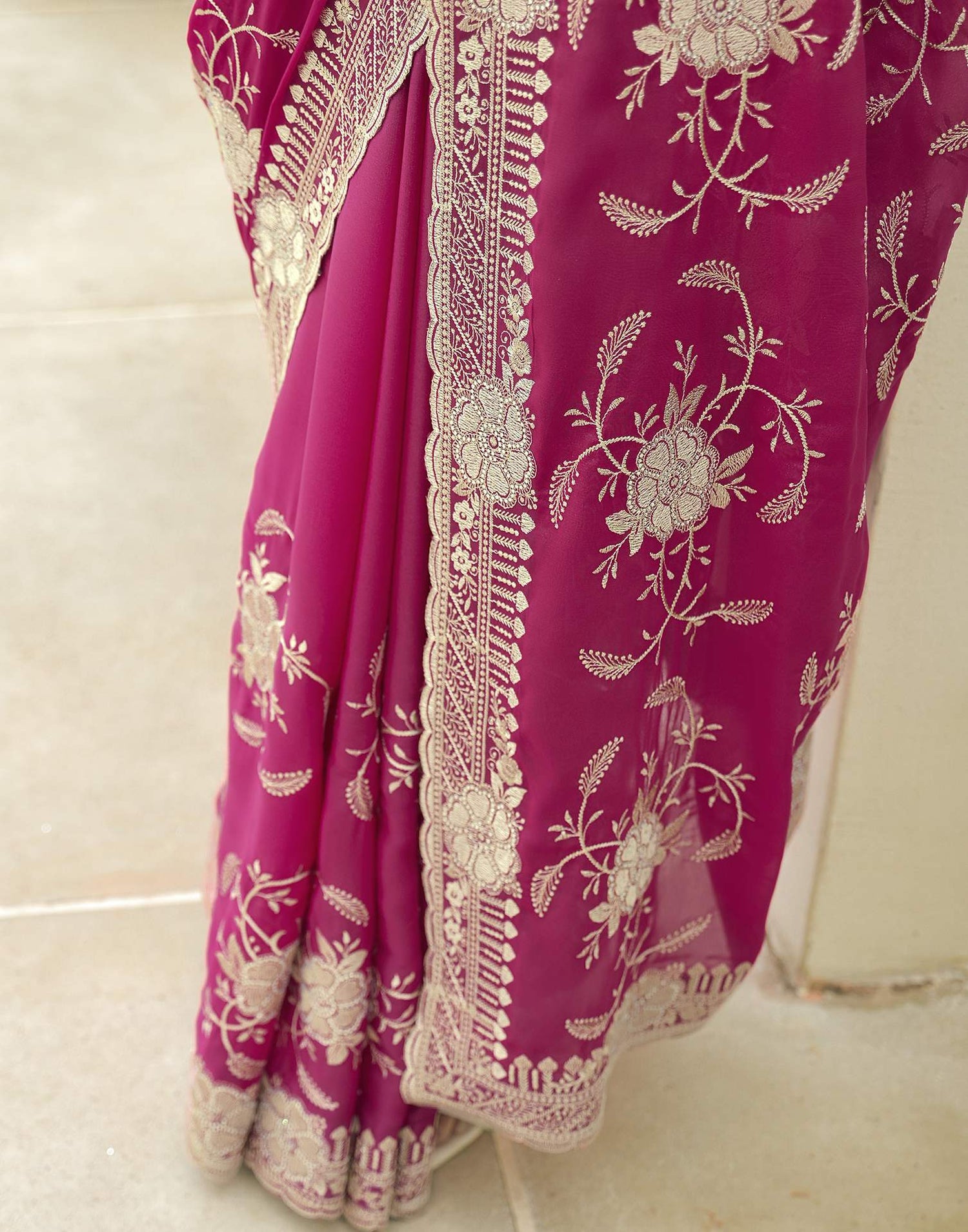 Rani Pink Georgette Embroidery Saree