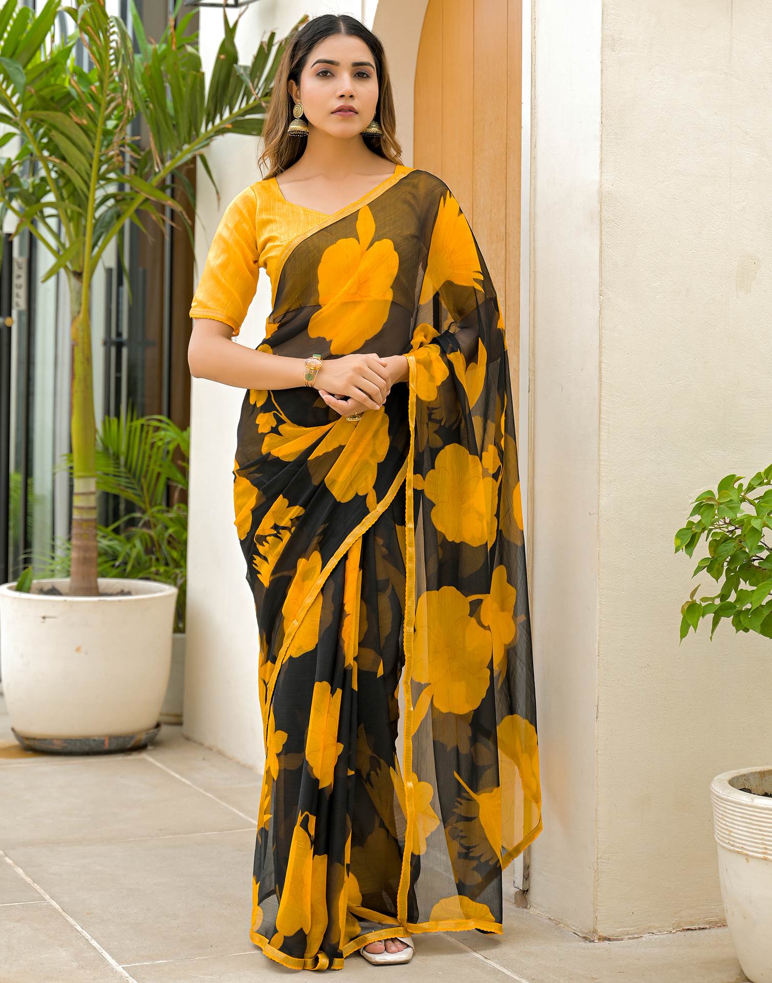 Black Chiffon Printed Saree