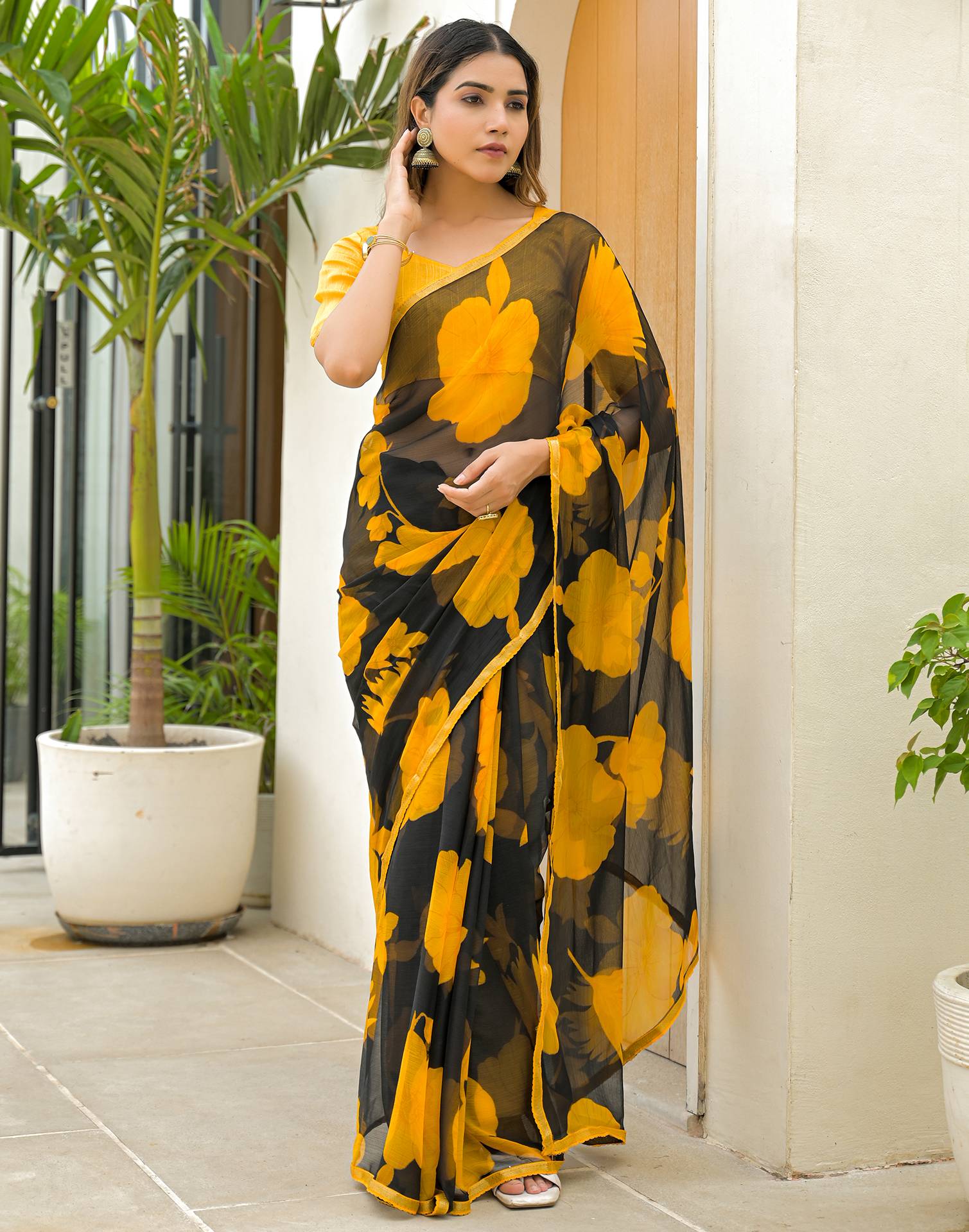 Black Chiffon Printed Saree