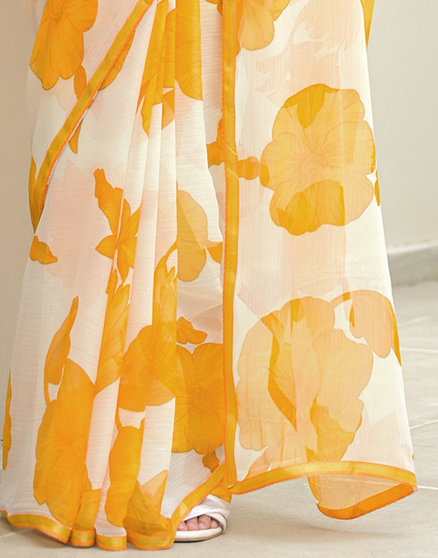 Off White Chiffon Printed Saree