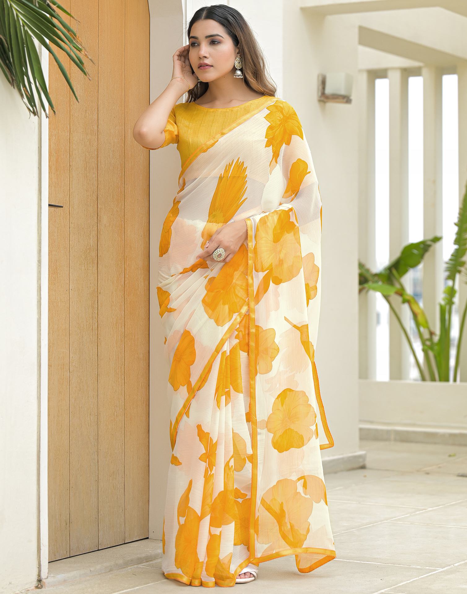 Off White Chiffon Printed Saree