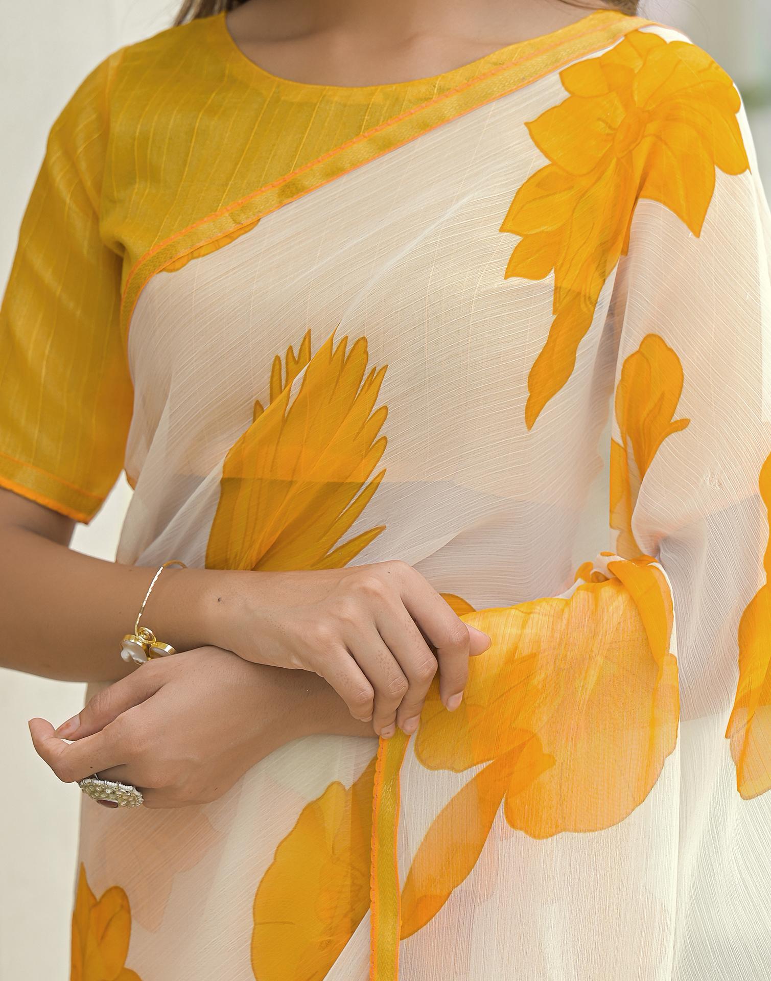 Off White Chiffon Printed Saree