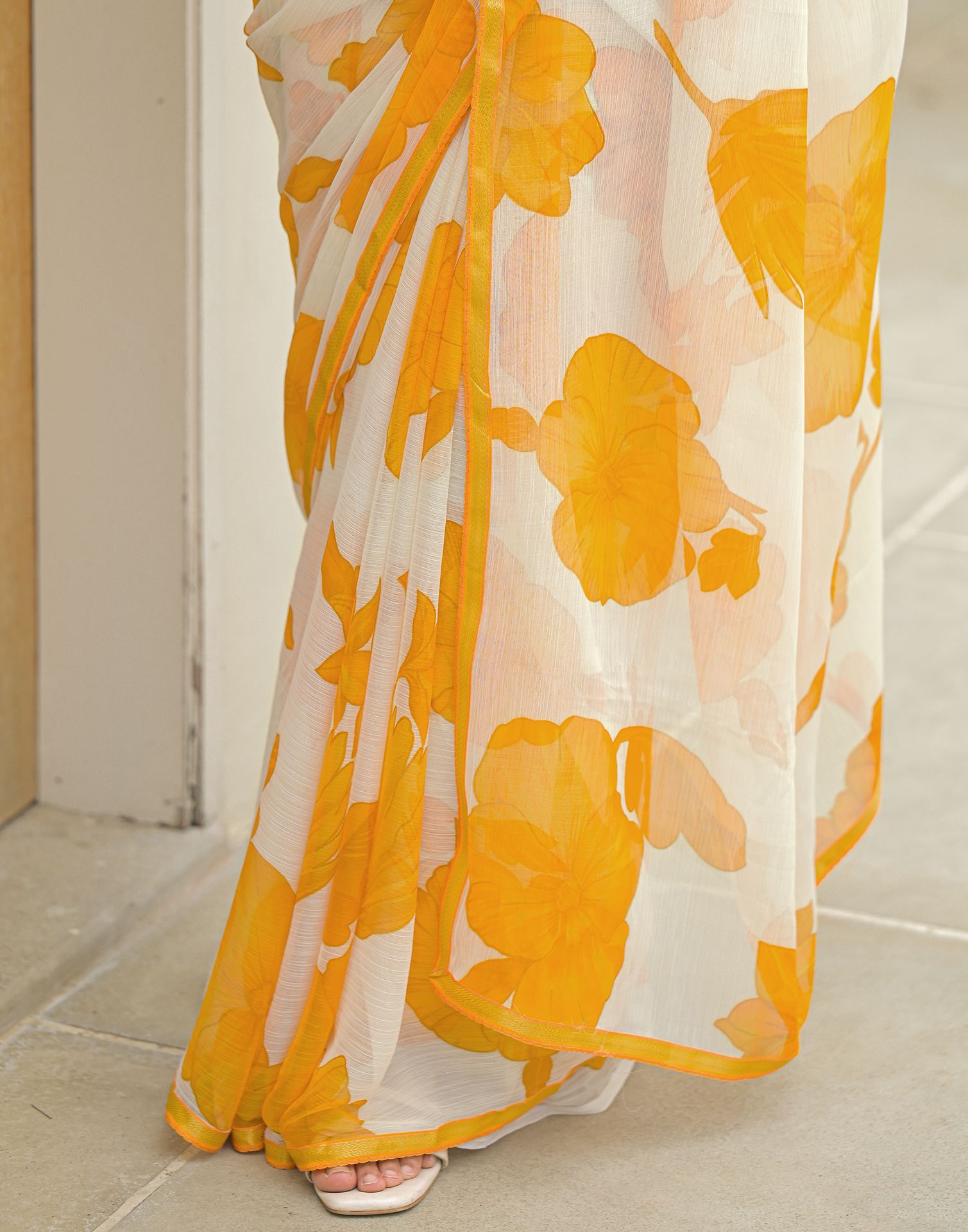 Off White Chiffon Printed Saree