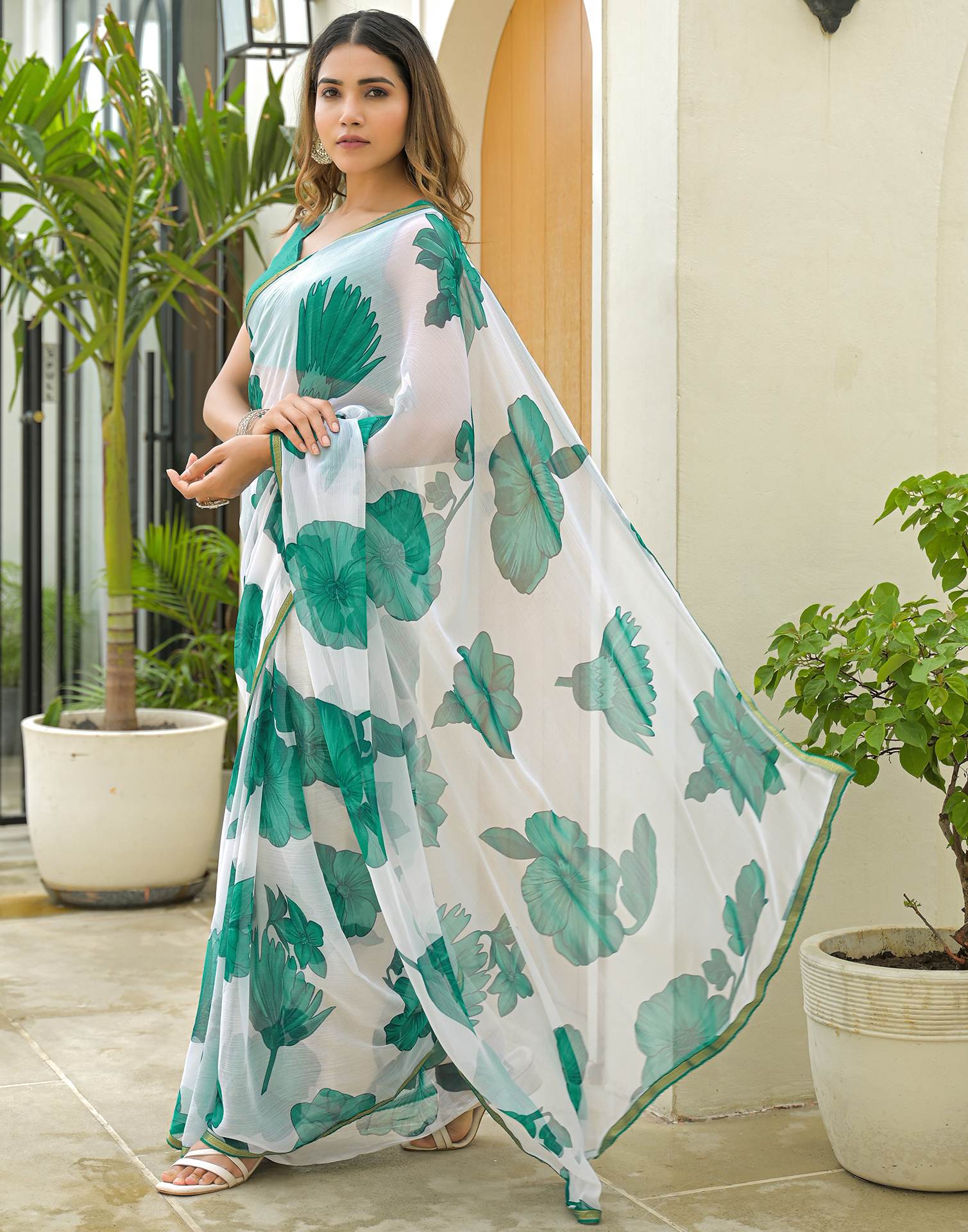 Off White Chiffon Printed Saree