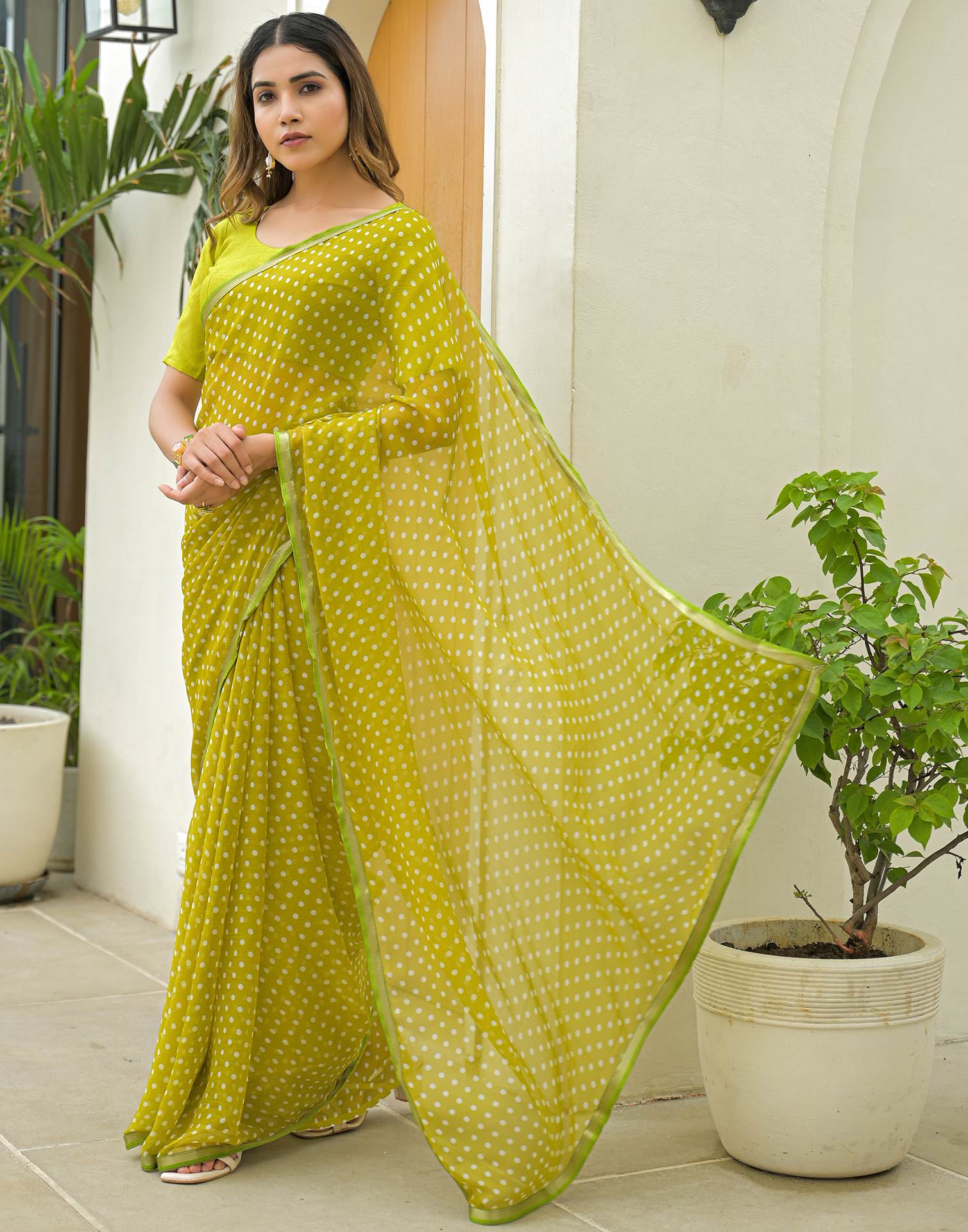 Lime Green Chiffon Printed Saree