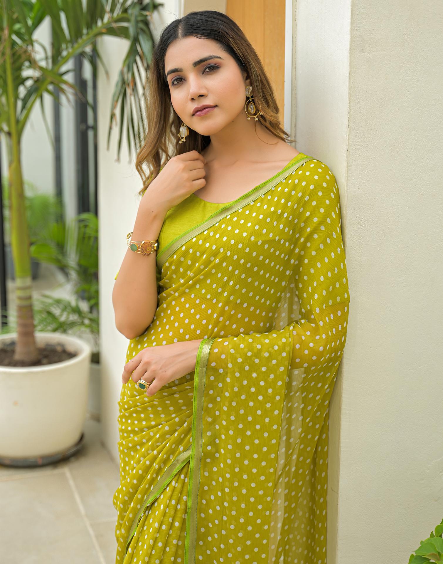 Lime Green Chiffon Printed Saree