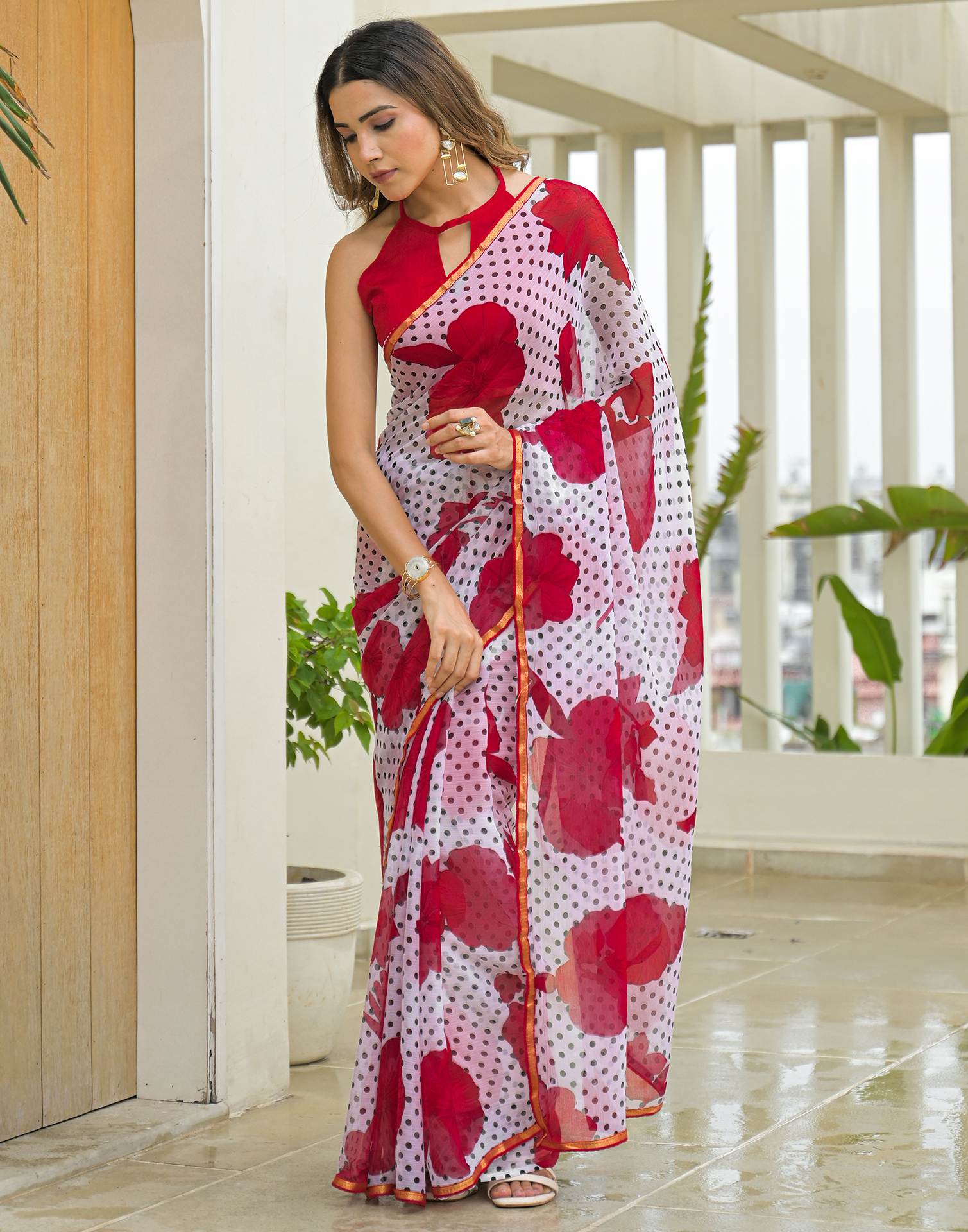 Off White Chiffon Printed Saree