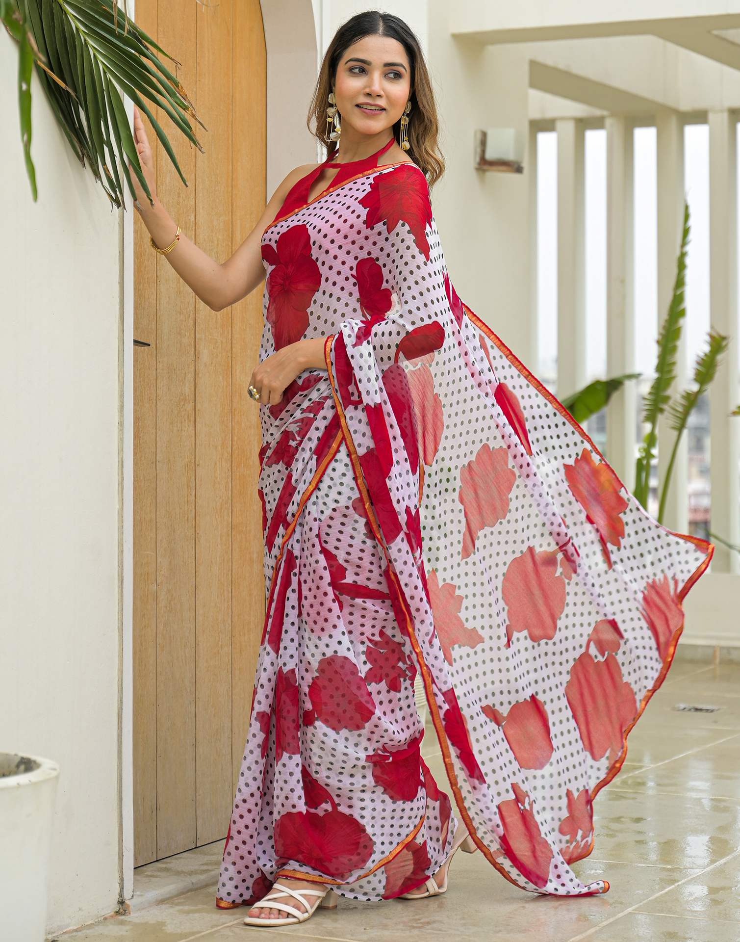 Off White Chiffon Printed Saree