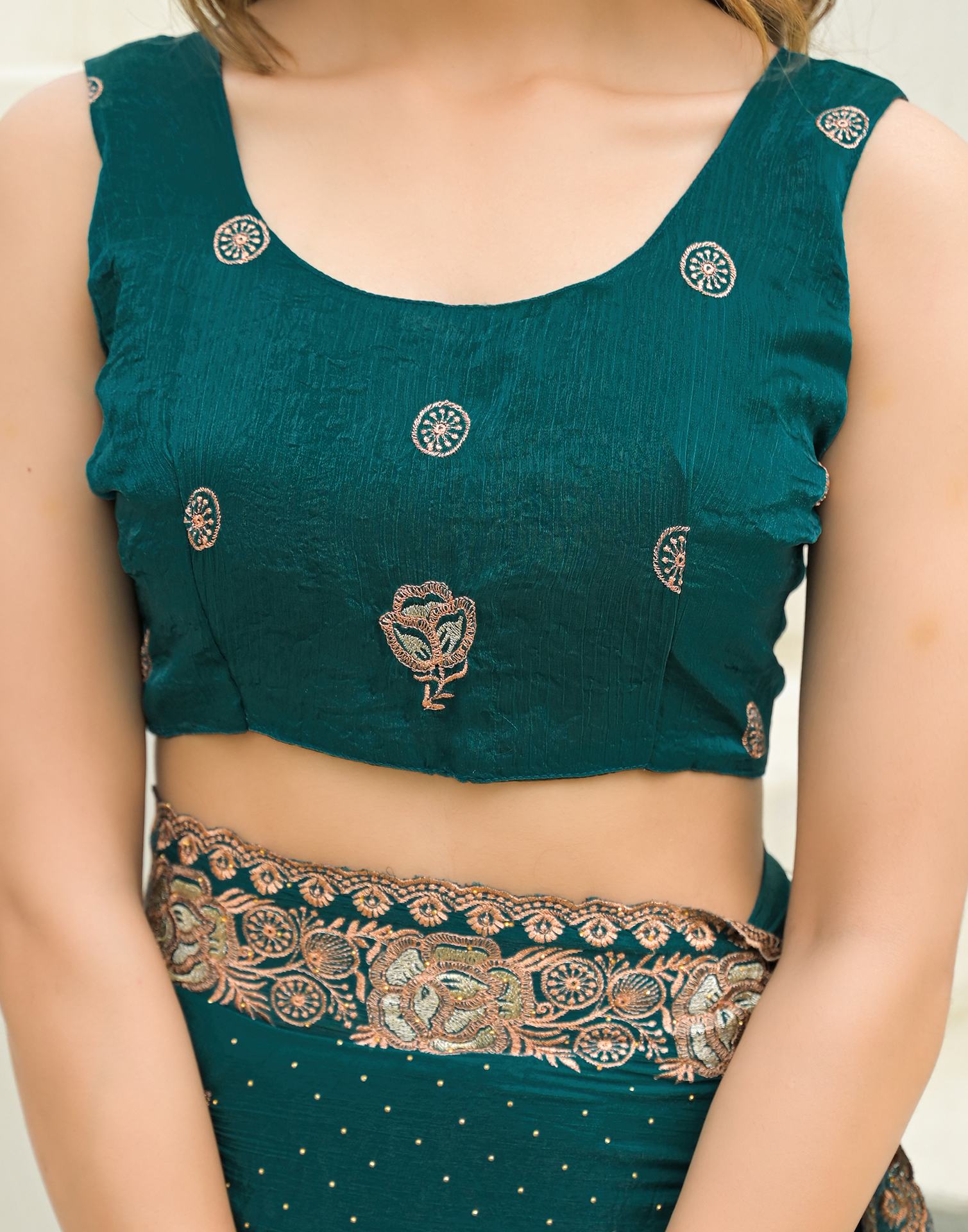 Teal Green Shimmer Embroidery Swarovski Saree