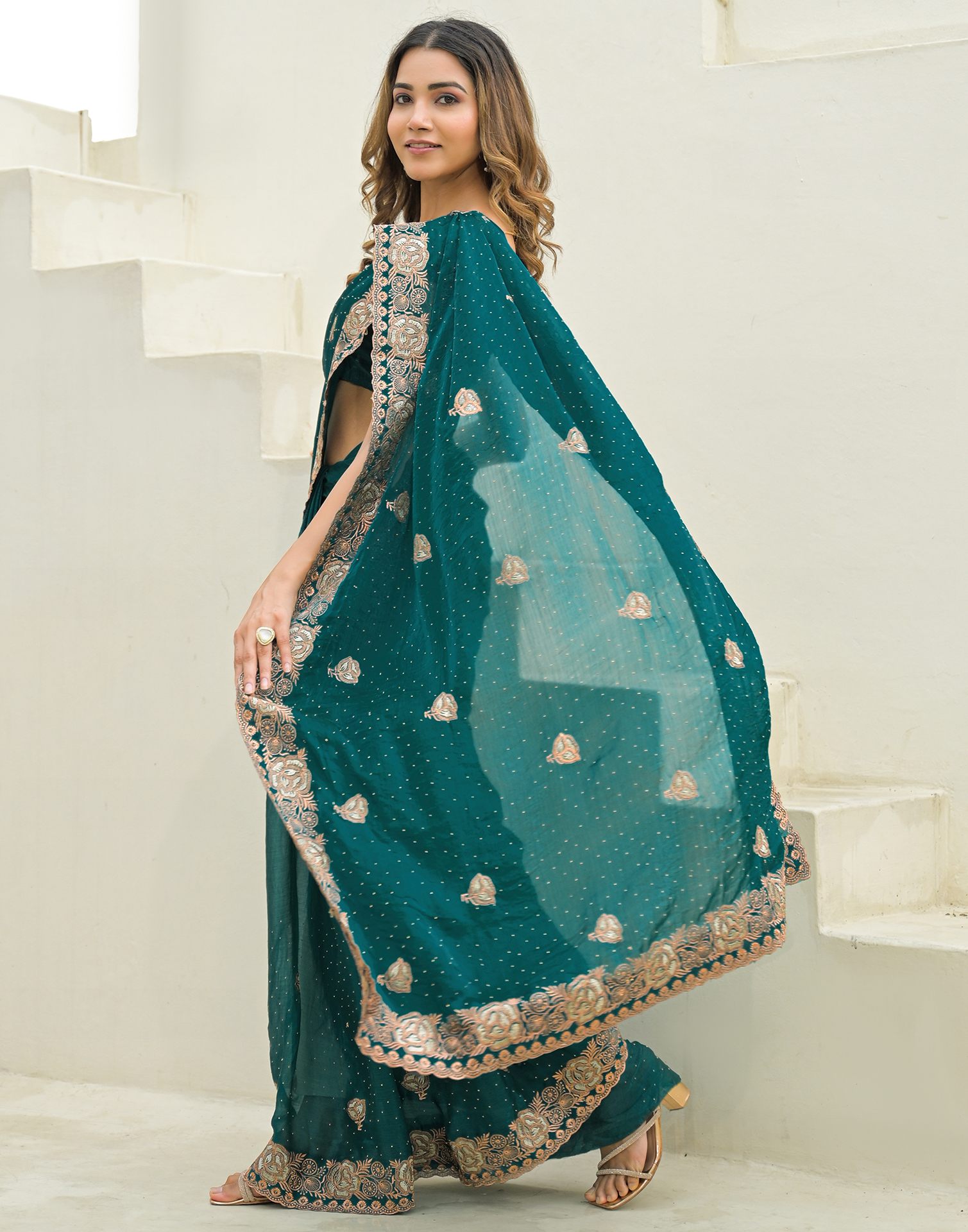 Teal Green Shimmer Embroidery Swarovski Saree
