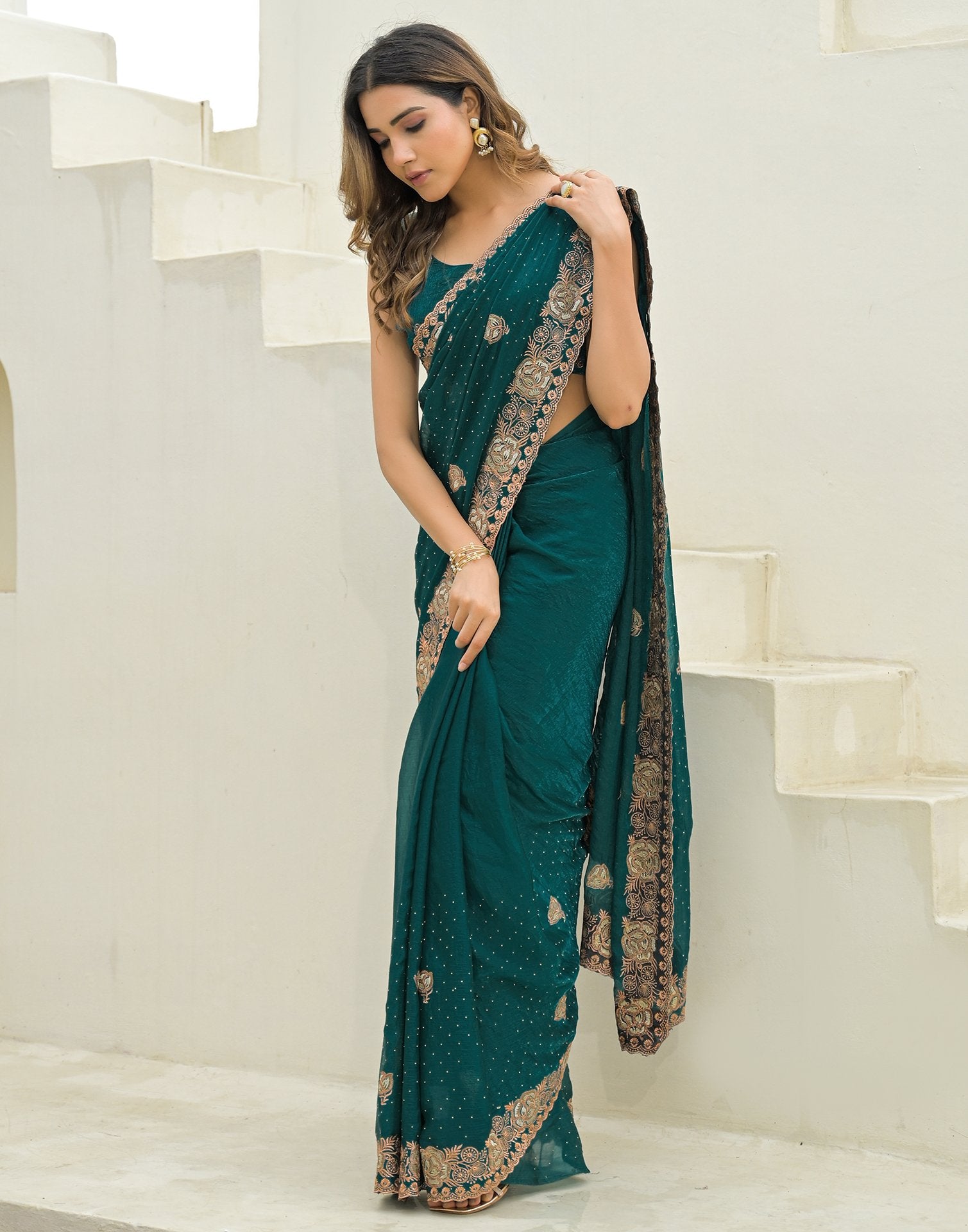 Teal Green Shimmer Embroidery Swarovski Saree