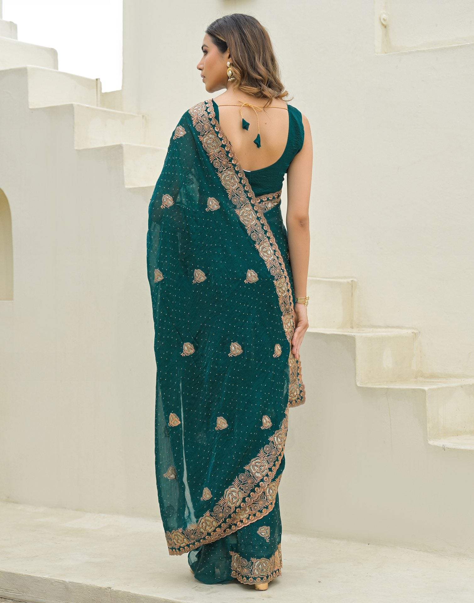 Teal Green Shimmer Embroidery Swarovski Saree