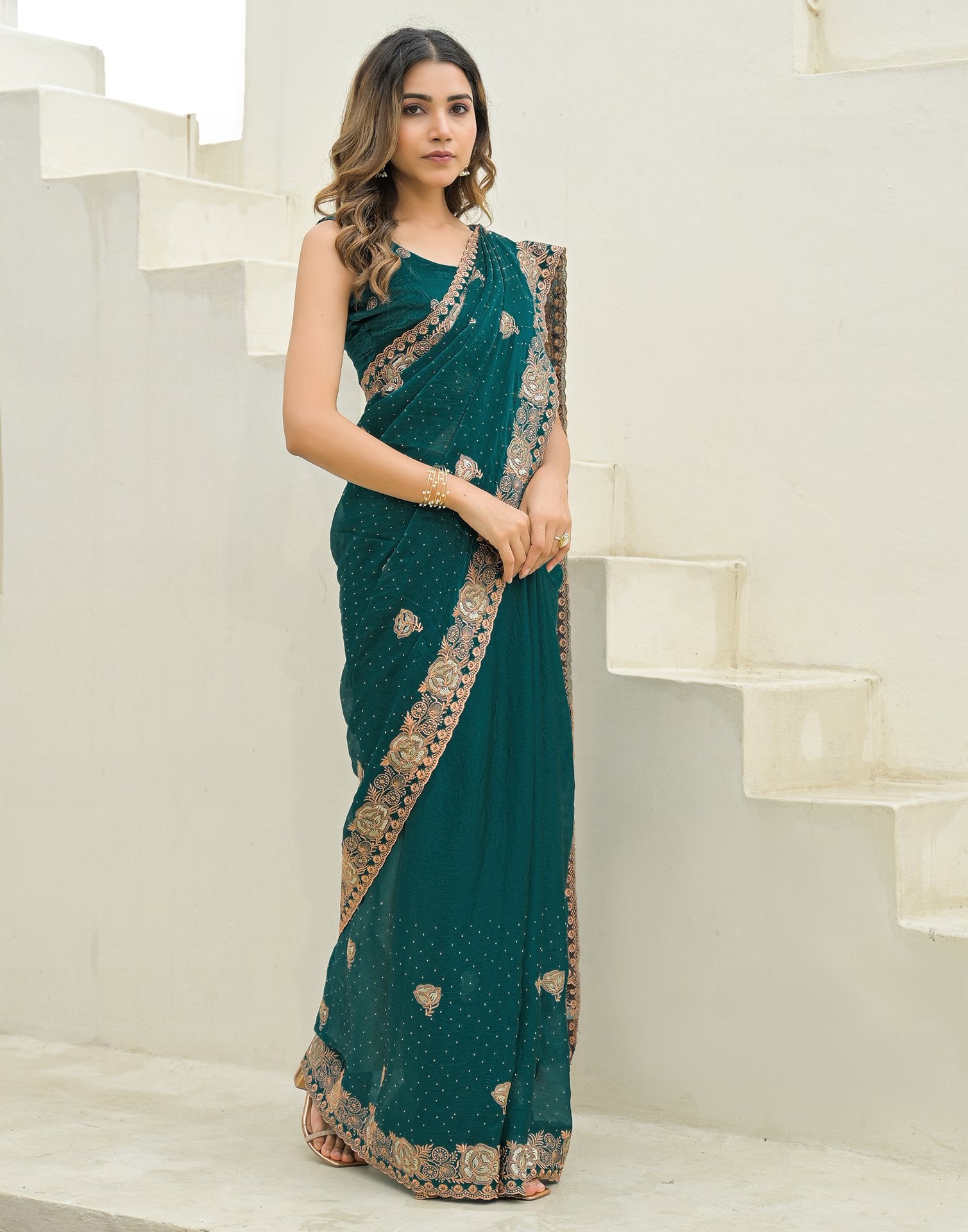 Teal Green Shimmer Embroidery Swarovski Saree