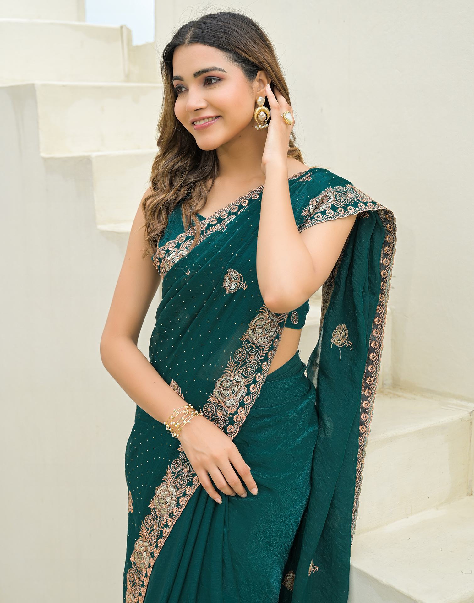 Teal Green Shimmer Embroidery Swarovski Saree