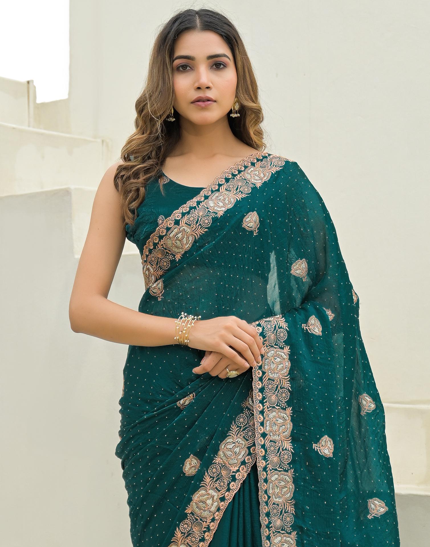 Teal Green Shimmer Embroidery Swarovski Saree