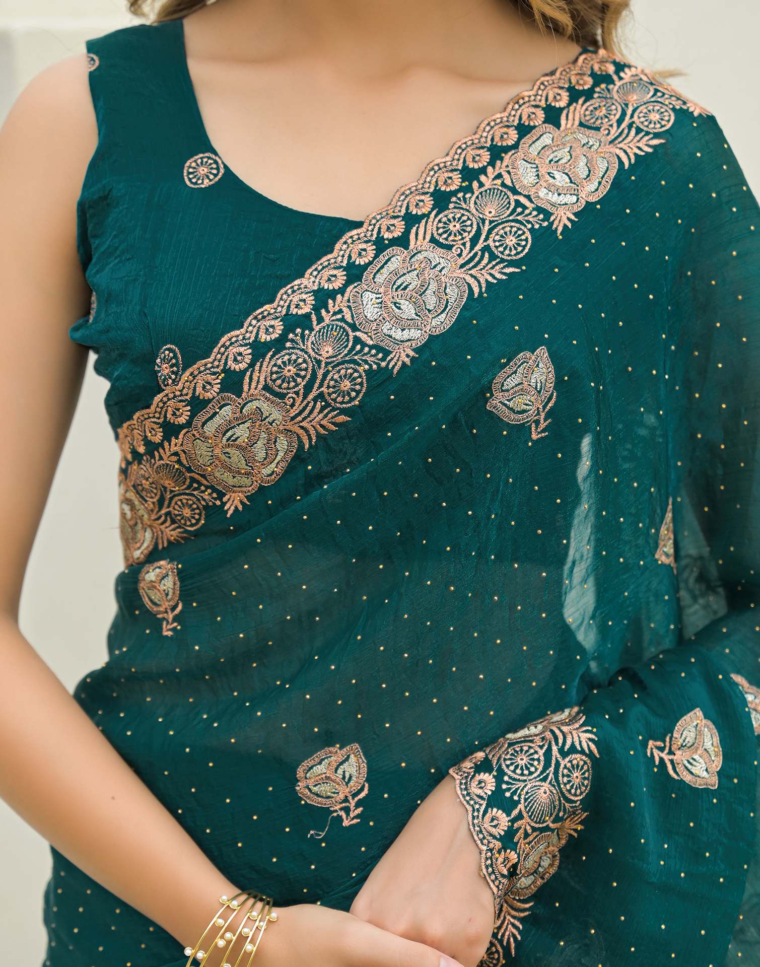 Teal Green Shimmer Embroidery Swarovski Saree