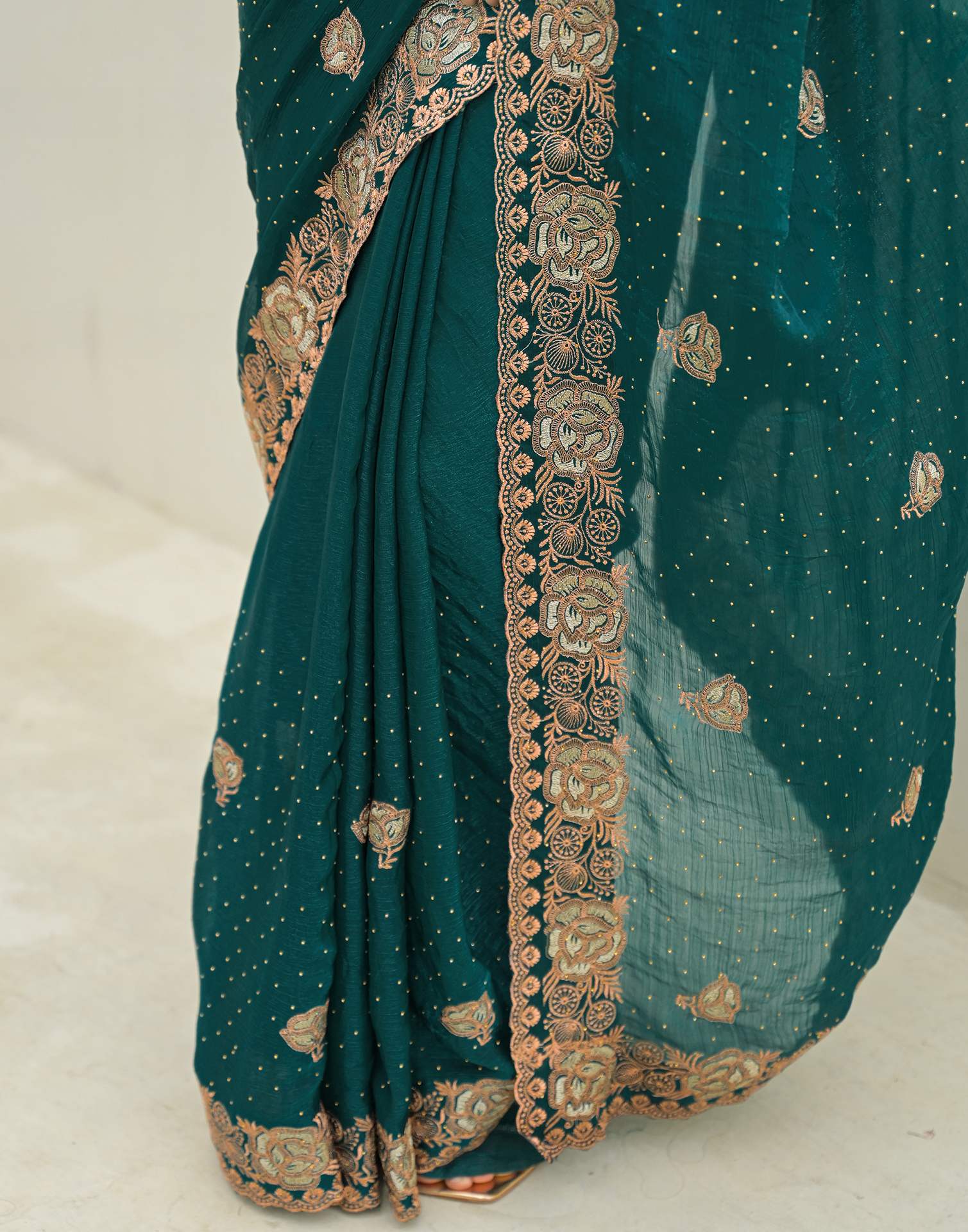 Teal Green Shimmer Embroidery Swarovski Saree
