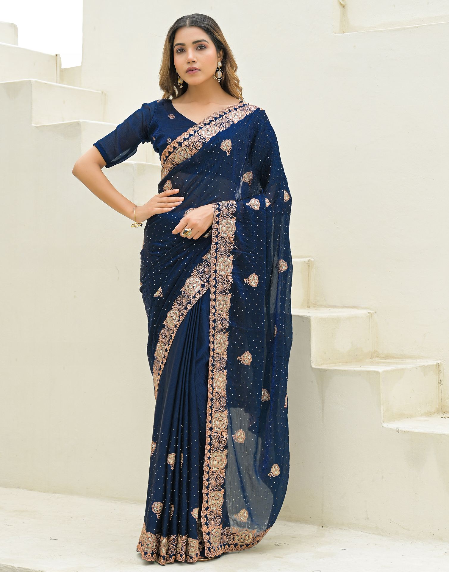 Peacock Blue Shimmer Embroidery Swarovski Saree