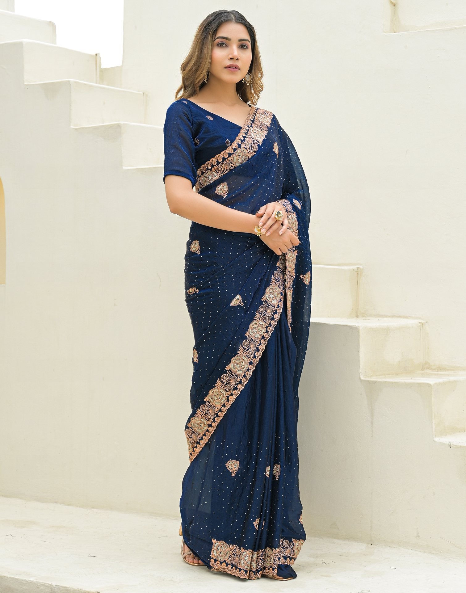 Peacock Blue Shimmer Embroidery Swarovski Saree