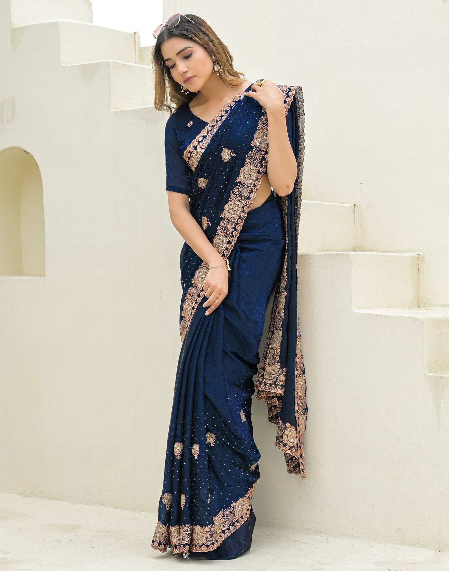 Peacock Blue Shimmer Embroidery Swarovski Saree