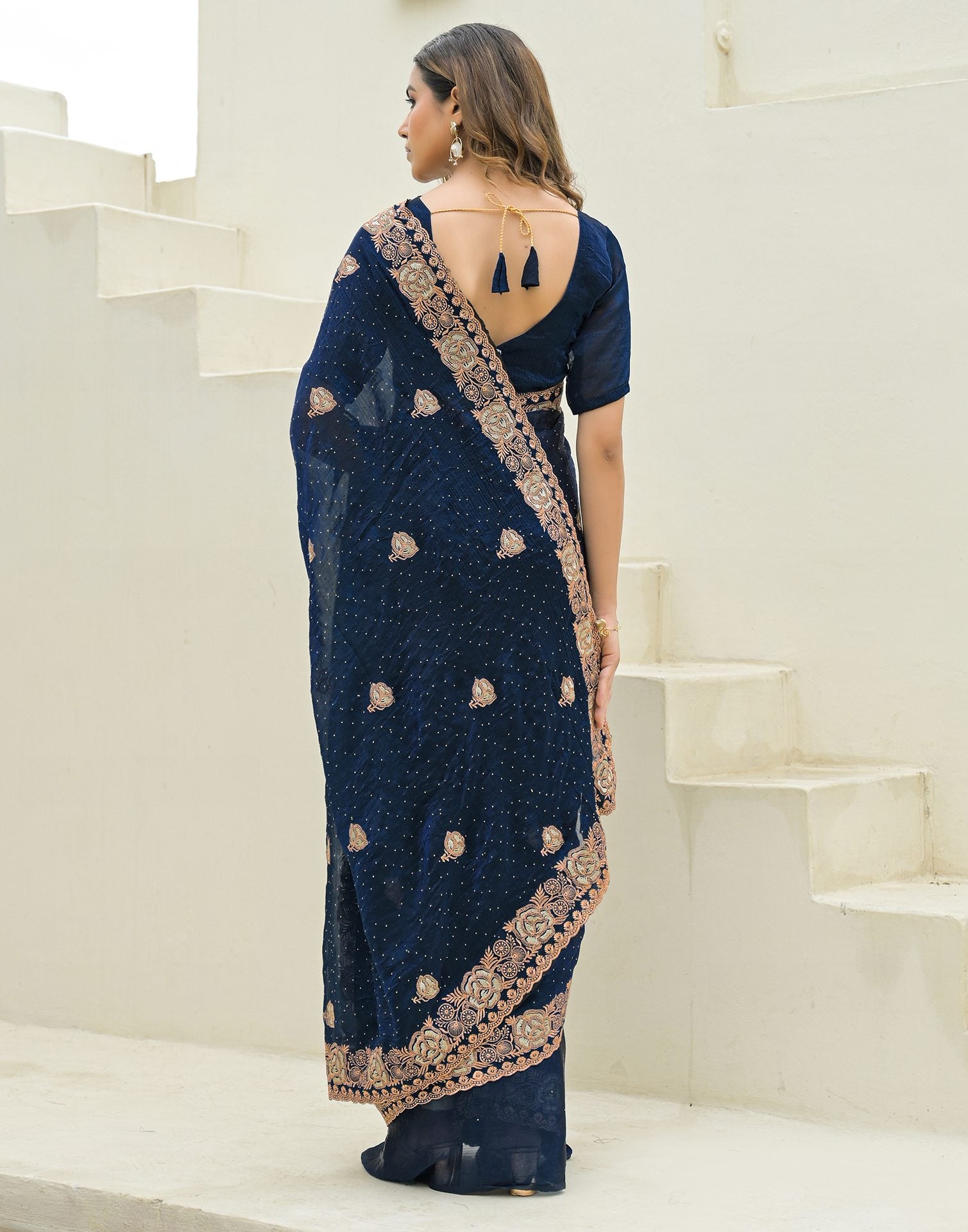 Peacock Blue Shimmer Embroidery Swarovski Saree